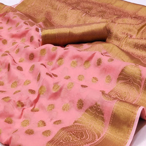Pink Woven Poly Cotton Saree - Peachmode