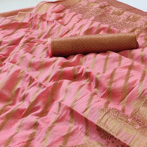Pink Woven Poly Cotton Saree - Peachmode