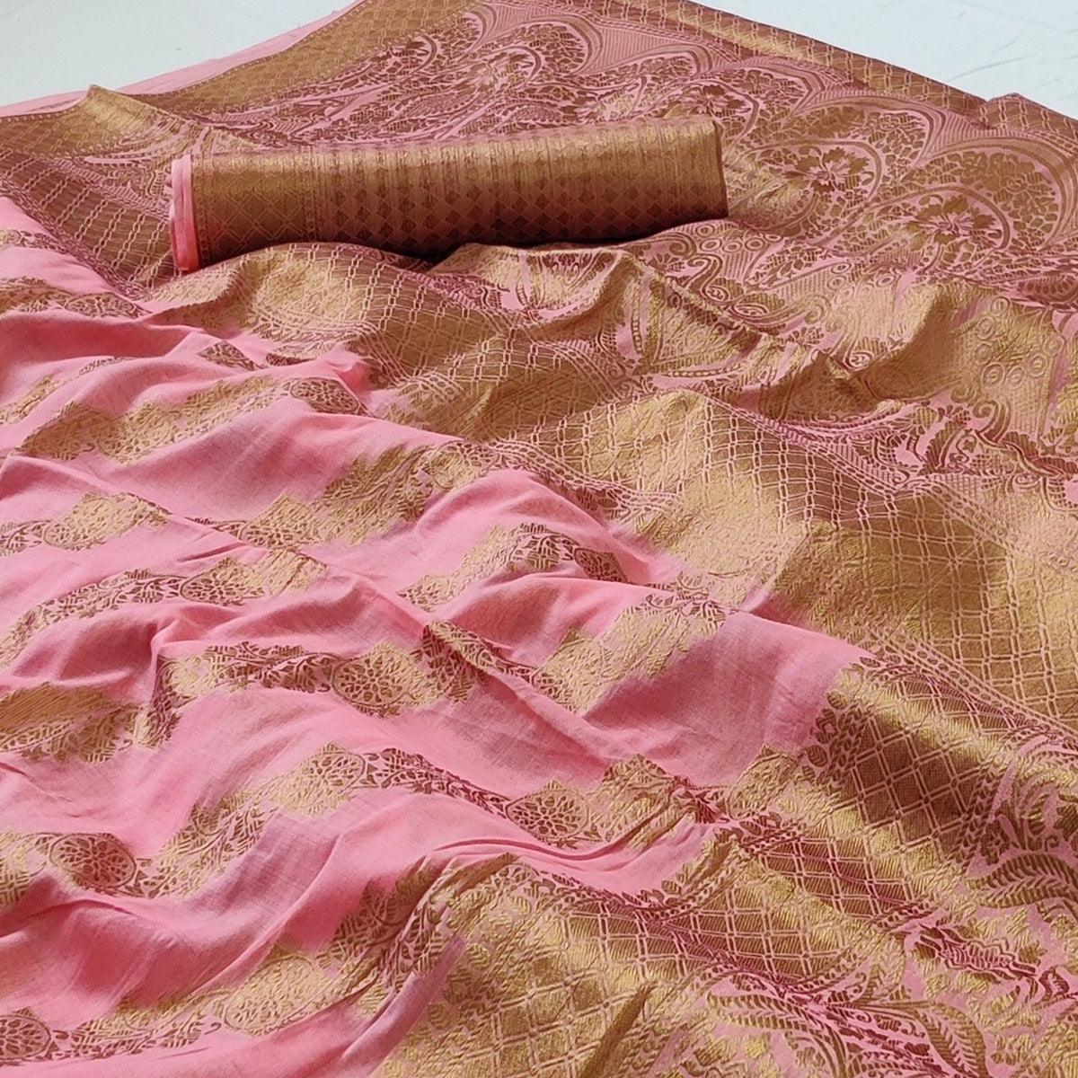 Pink Woven Poly Cotton Saree - Peachmode