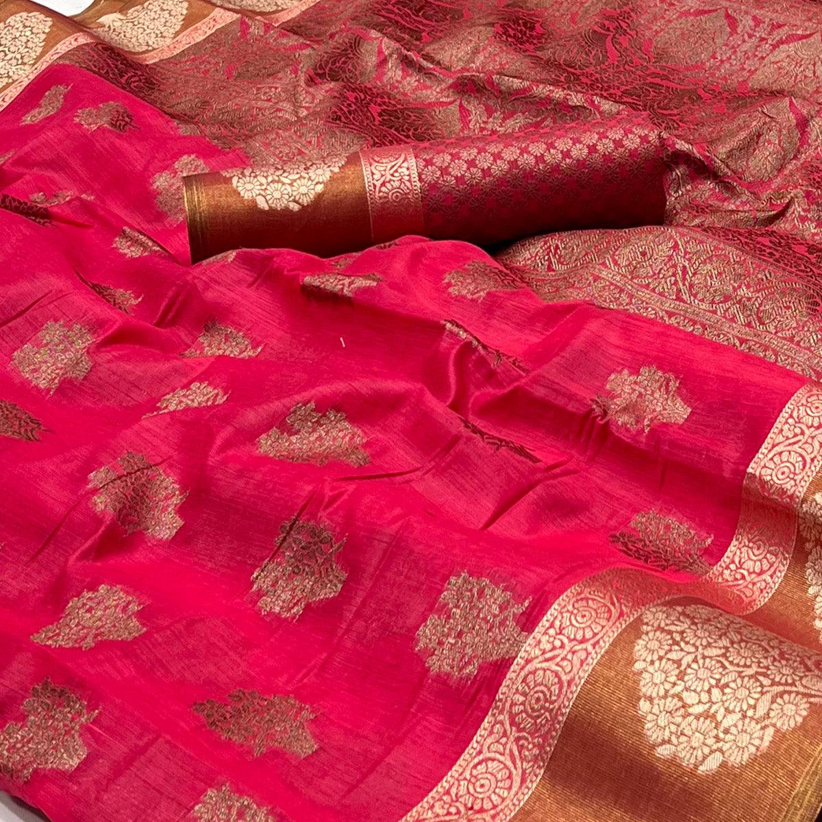 Pink Woven Poly Cotton Saree - Peachmode