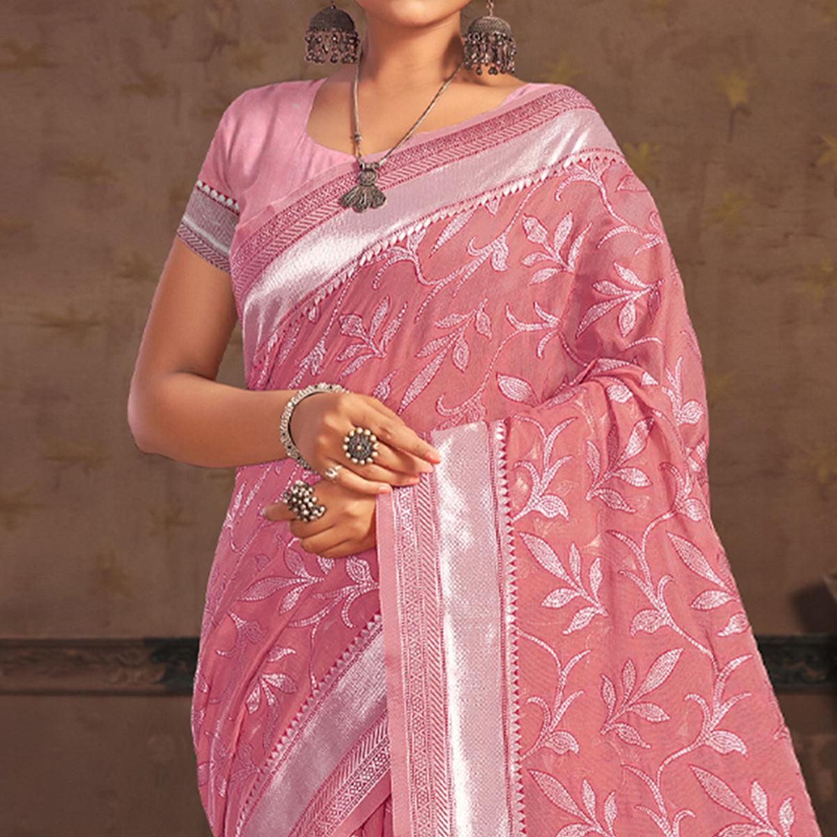 Pink Woven Poly Cotton Saree - Peachmode