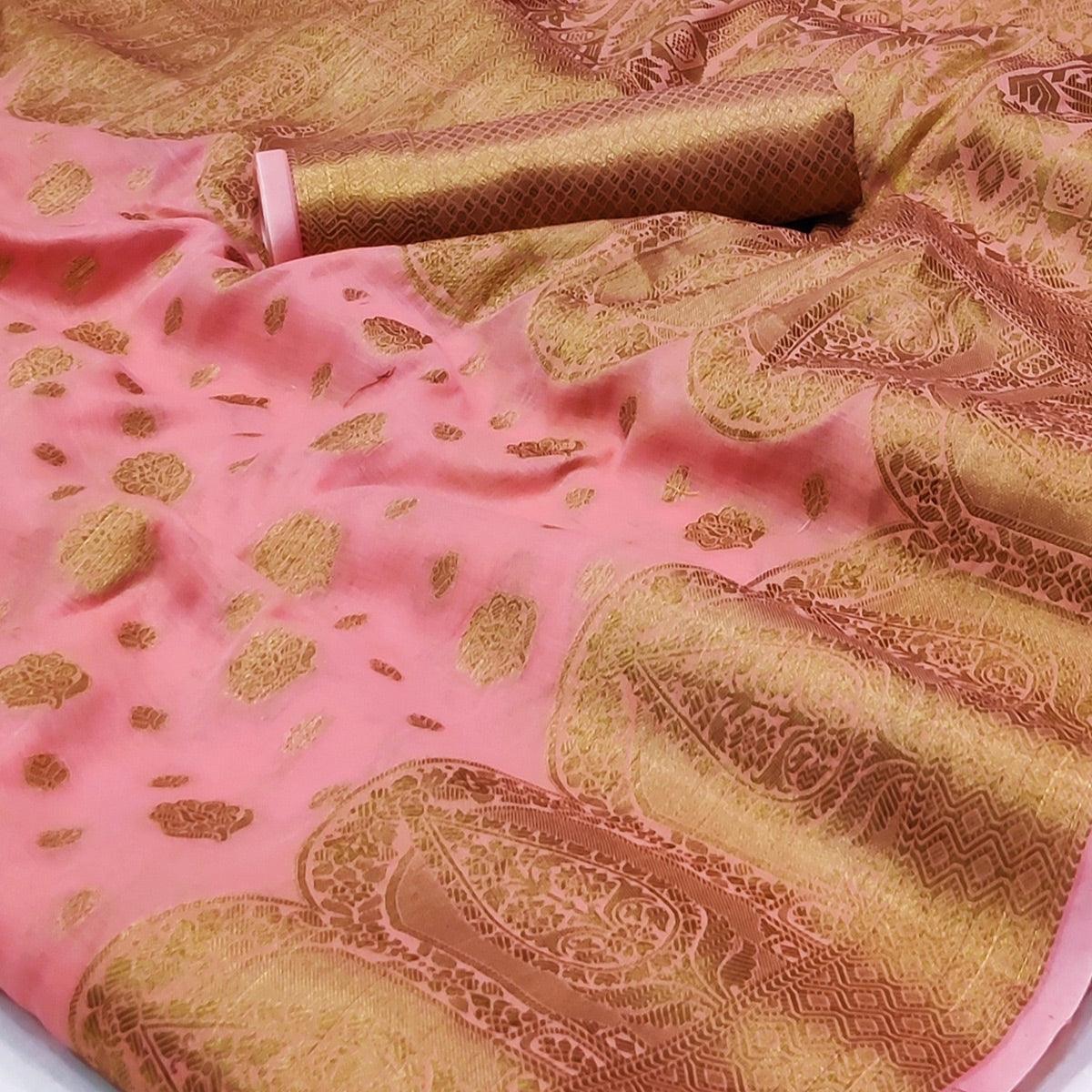 Pink Woven Poly Cotton Saree - Peachmode
