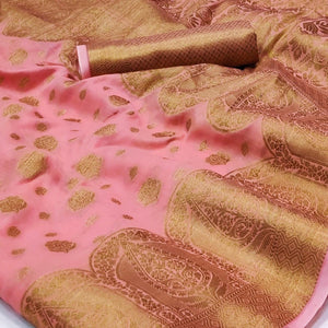 Pink Woven Poly Cotton Saree - Peachmode