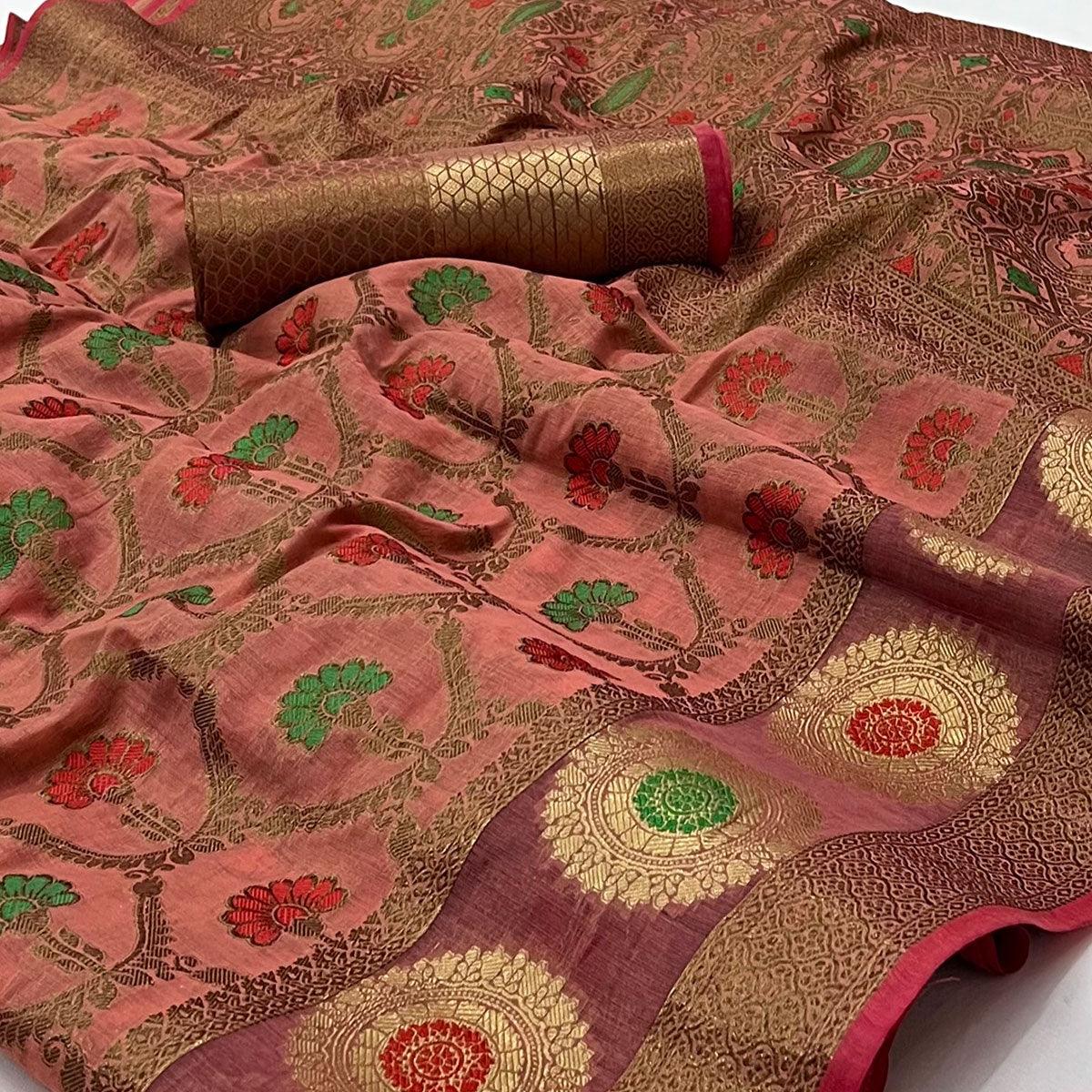 Pink Woven Poly Cotton Saree - Peachmode