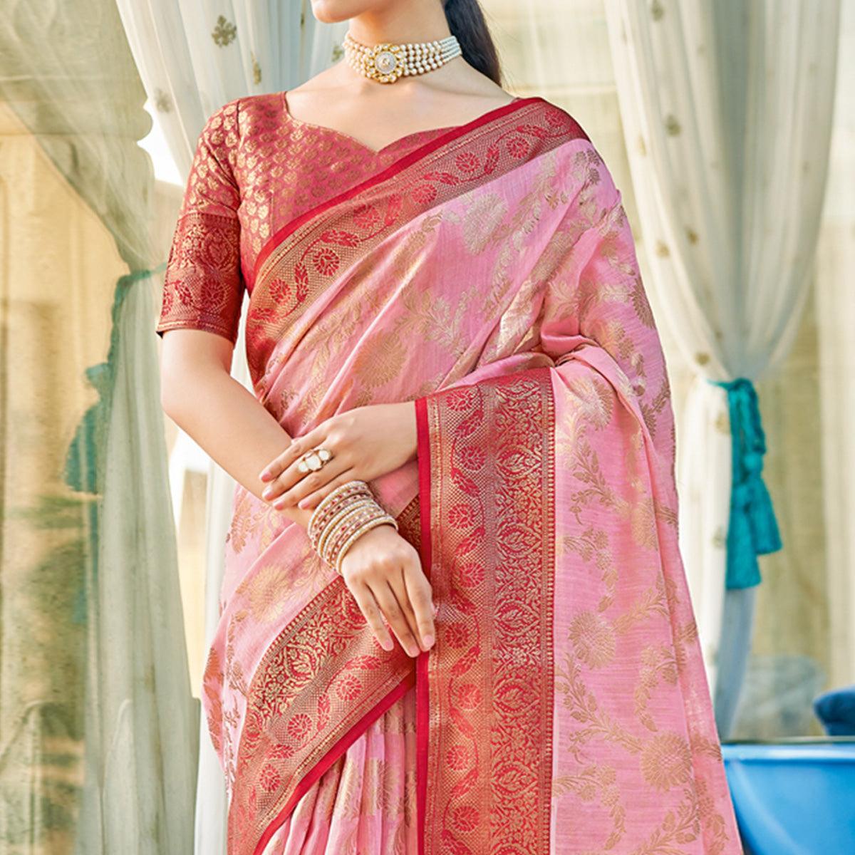 Pink Woven Poly Cotton Saree - Peachmode