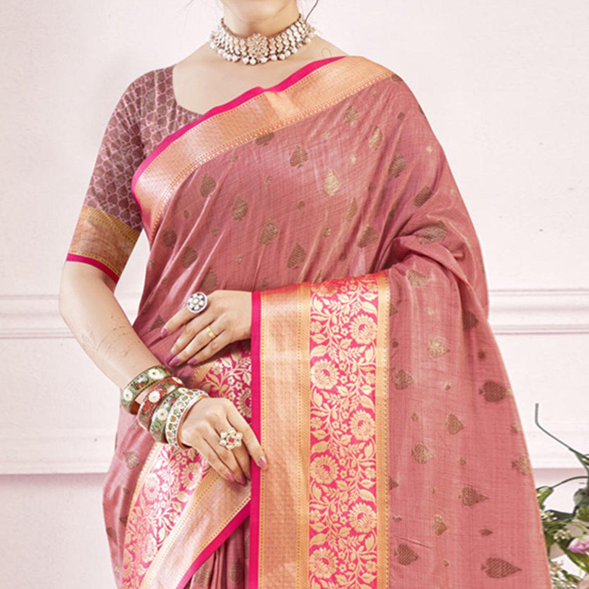 Pink Woven Poly Cotton Saree - Peachmode