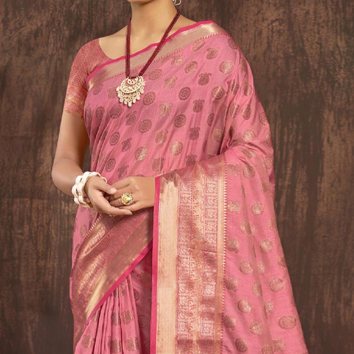 Pink Woven Poly Cotton Saree - Peachmode