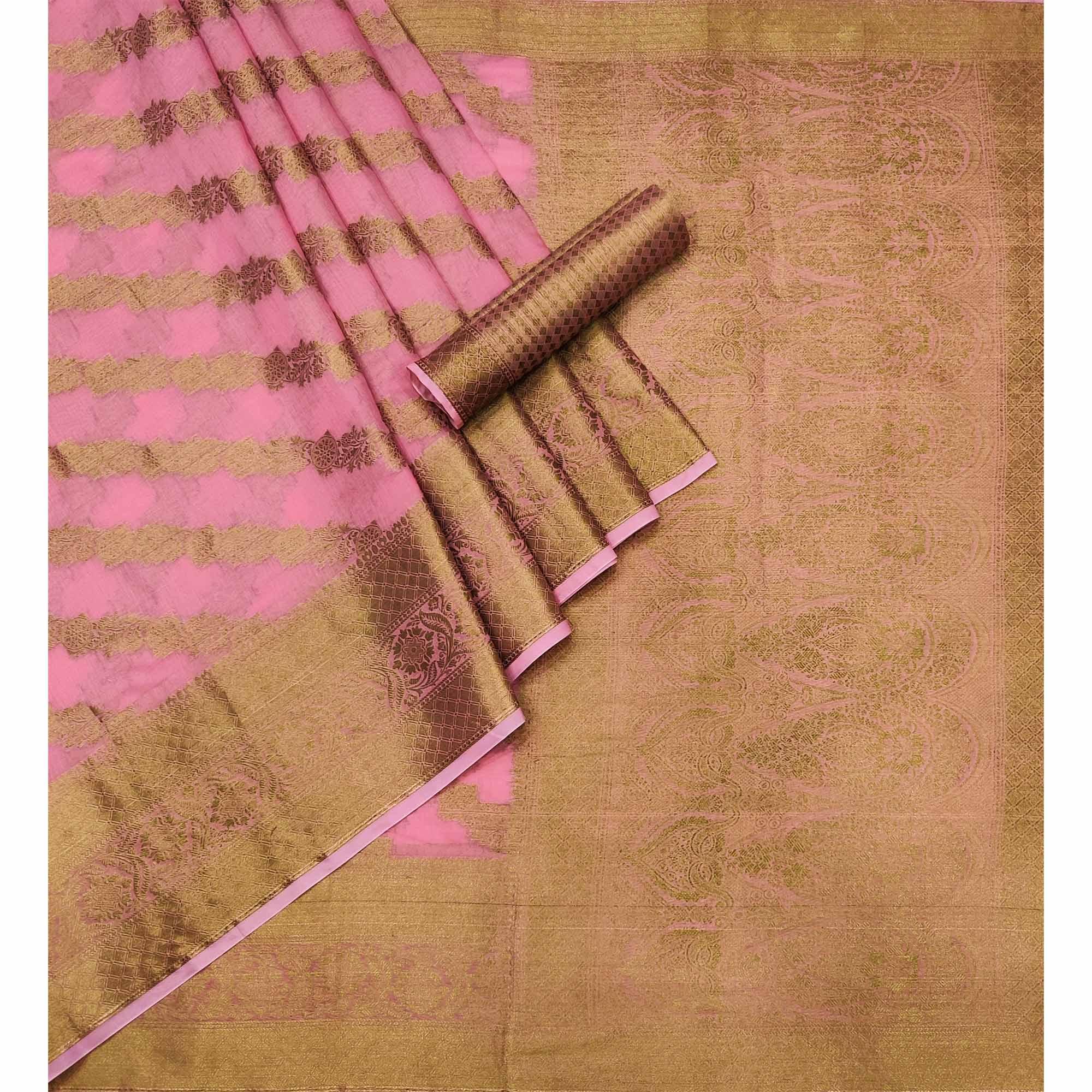 Pink Woven Poly Cotton Saree - Peachmode