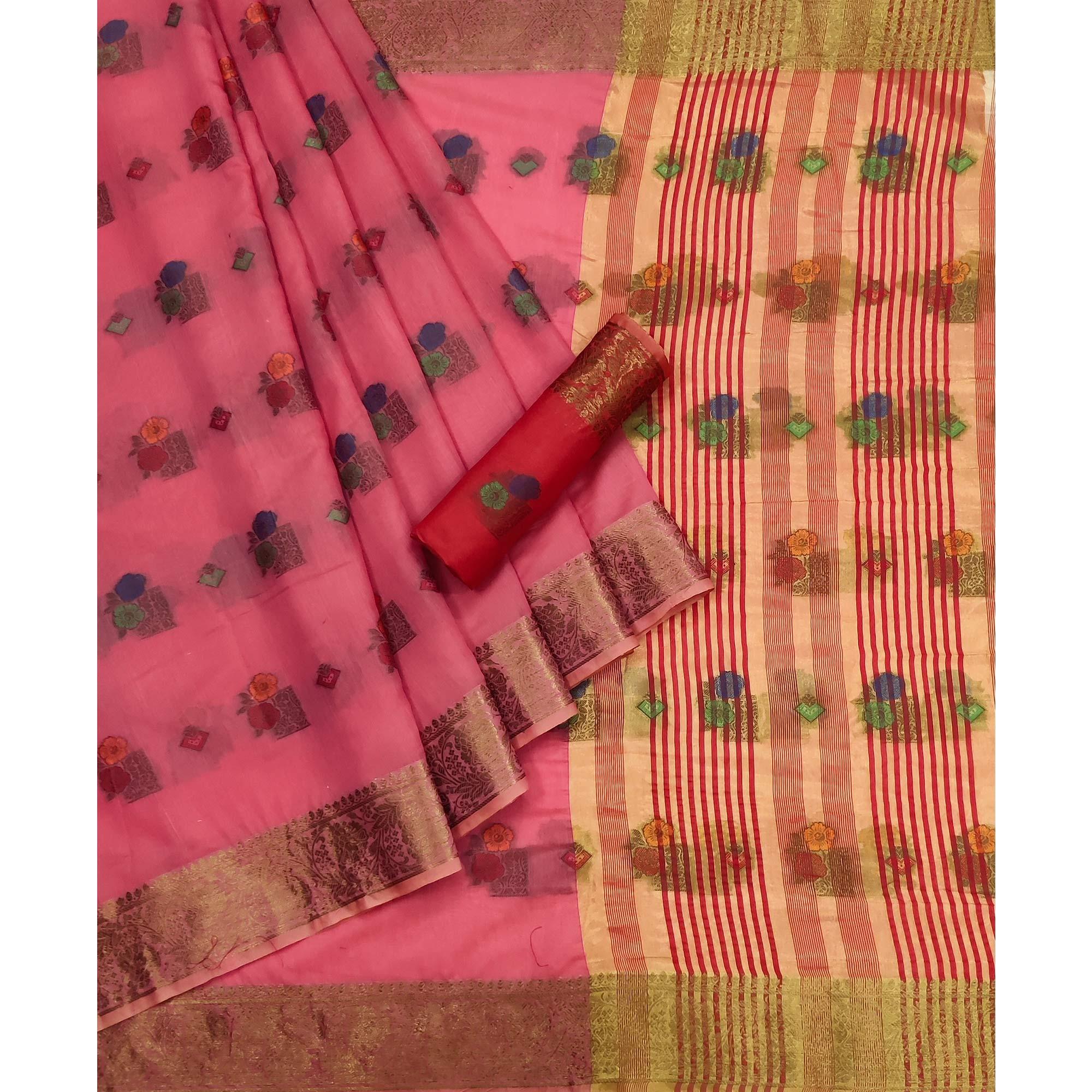 Pink Woven Poly Cotton Saree - Peachmode