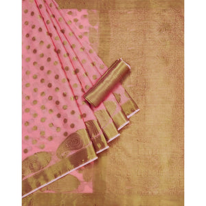 Pink Woven Poly Cotton Saree - Peachmode