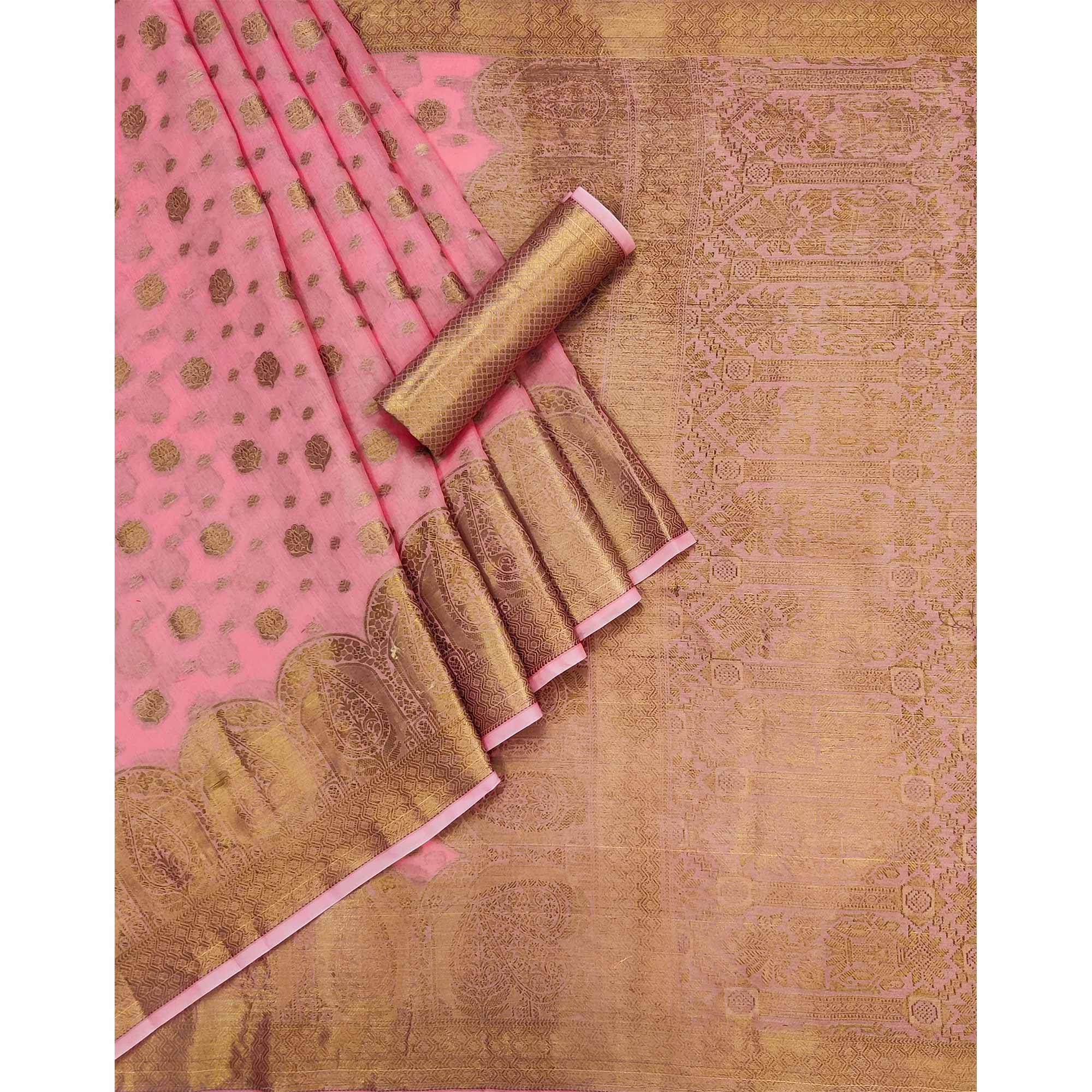 Pink Woven Poly Cotton Saree - Peachmode