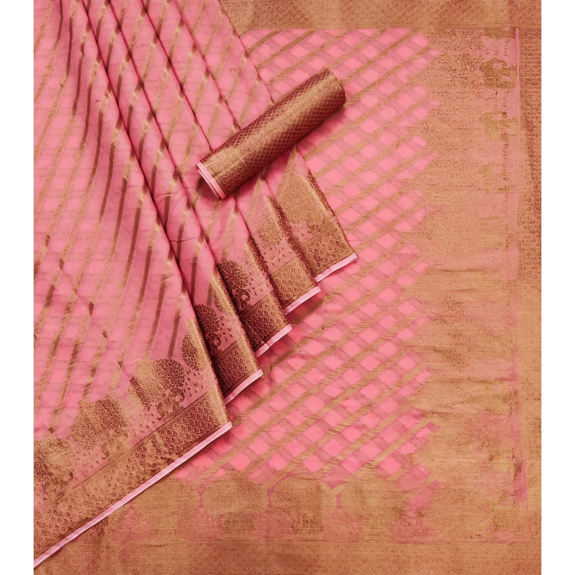 Pink Woven Poly Cotton Saree - Peachmode