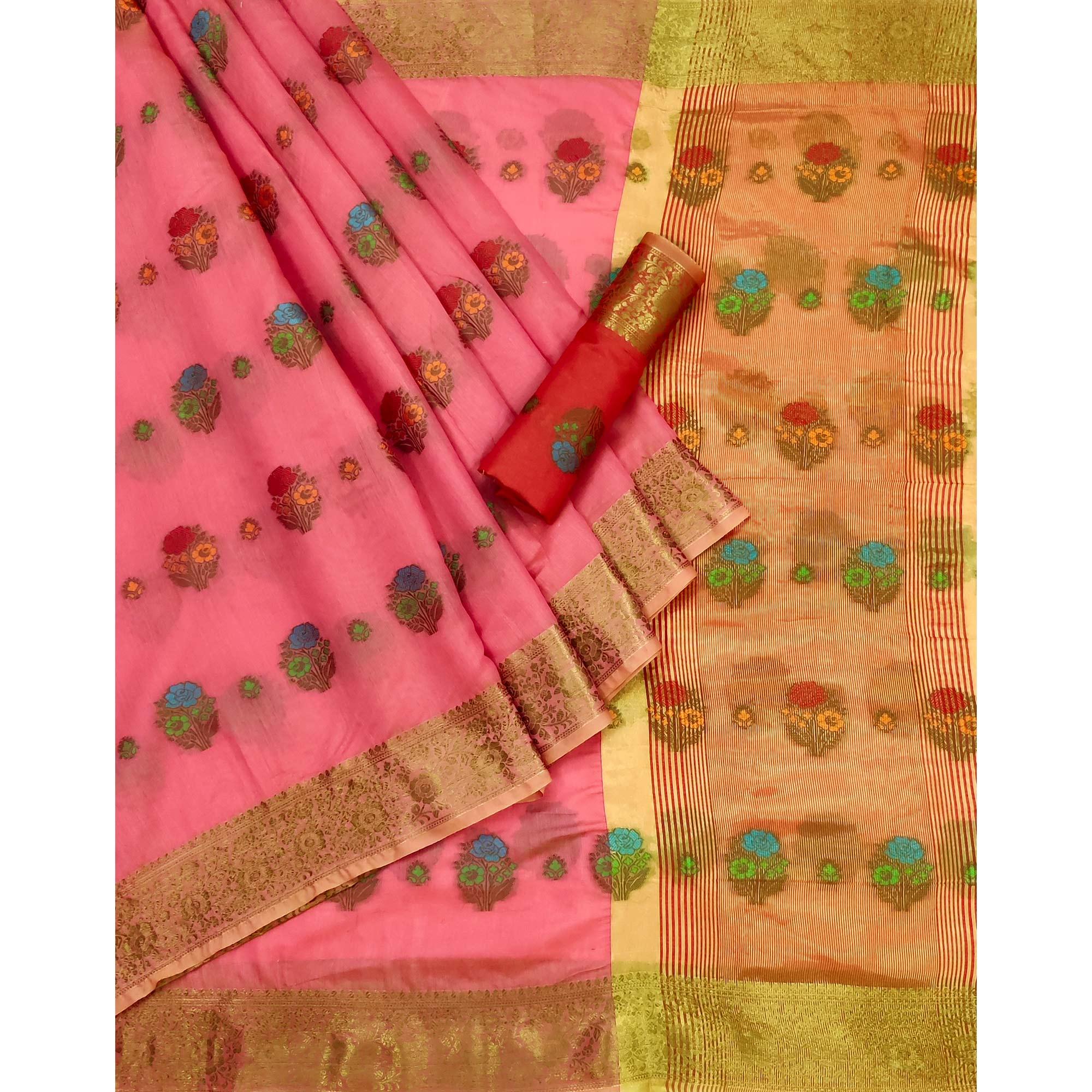 Pink Woven Poly Cotton Saree - Peachmode