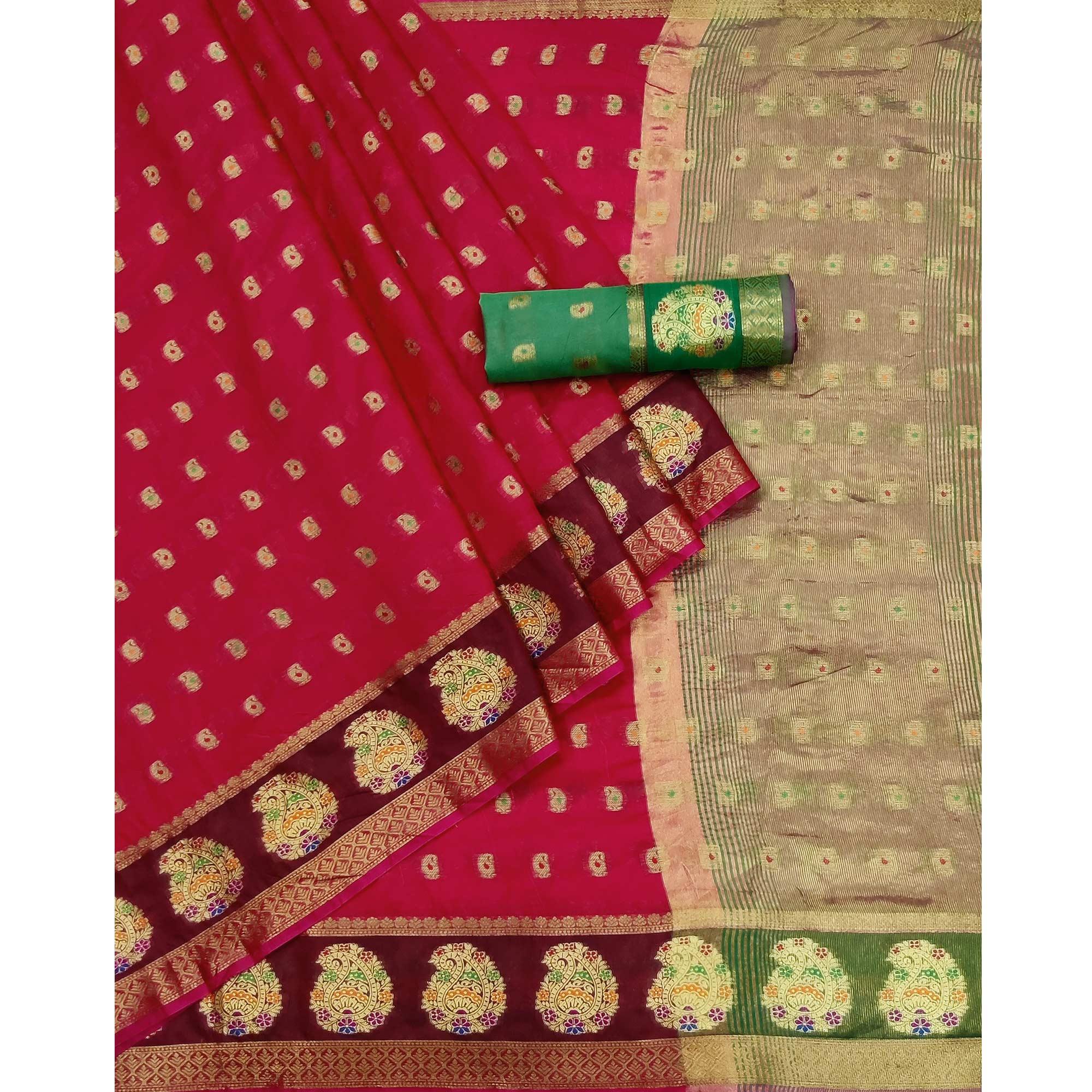 Pink Woven Poly Cotton Saree - Peachmode