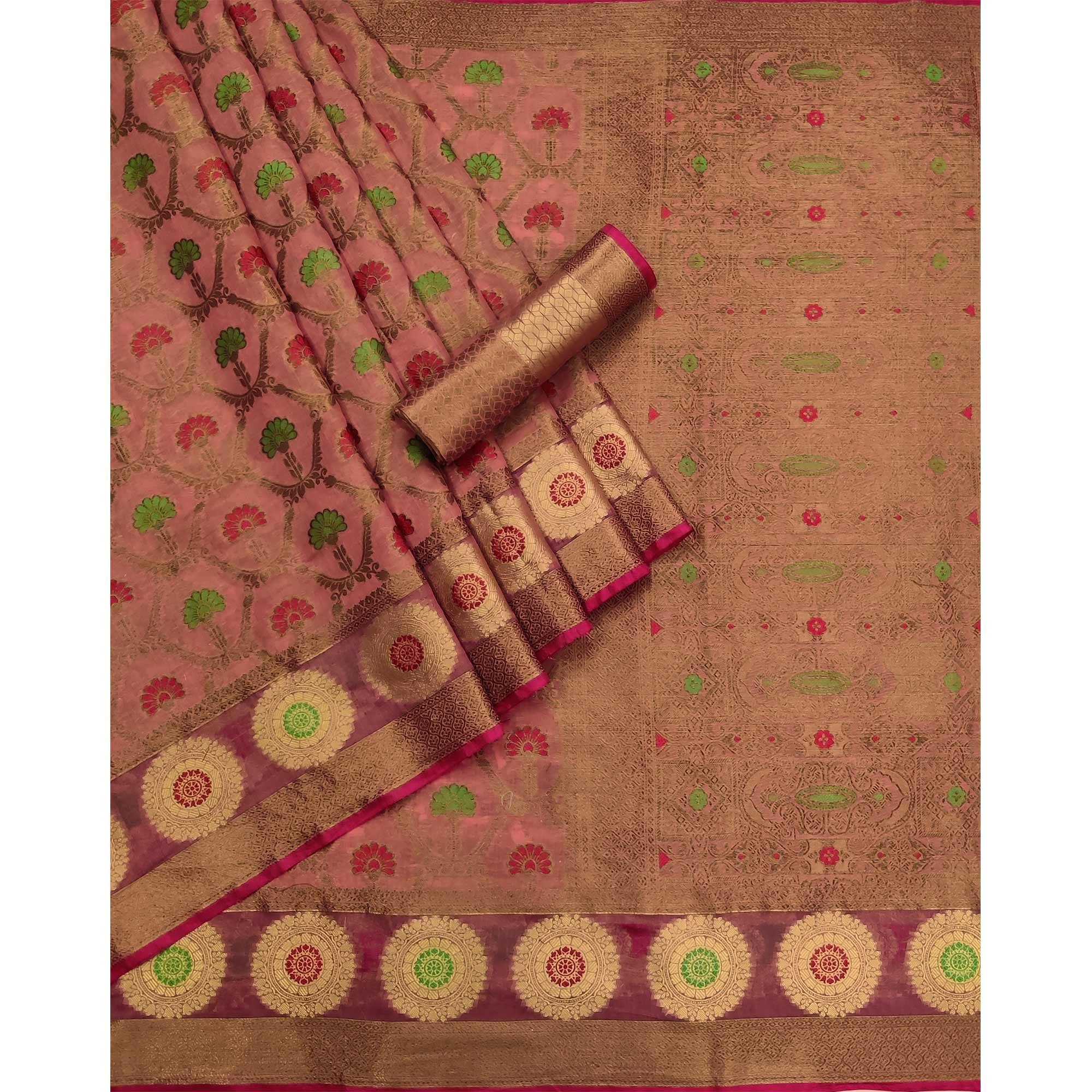 Pink Woven Poly Cotton Saree - Peachmode