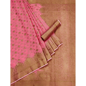 Pink Woven Poly Cotton Saree - Peachmode