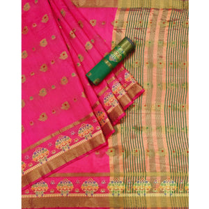 Pink Woven Poly Cotton Saree - Peachmode