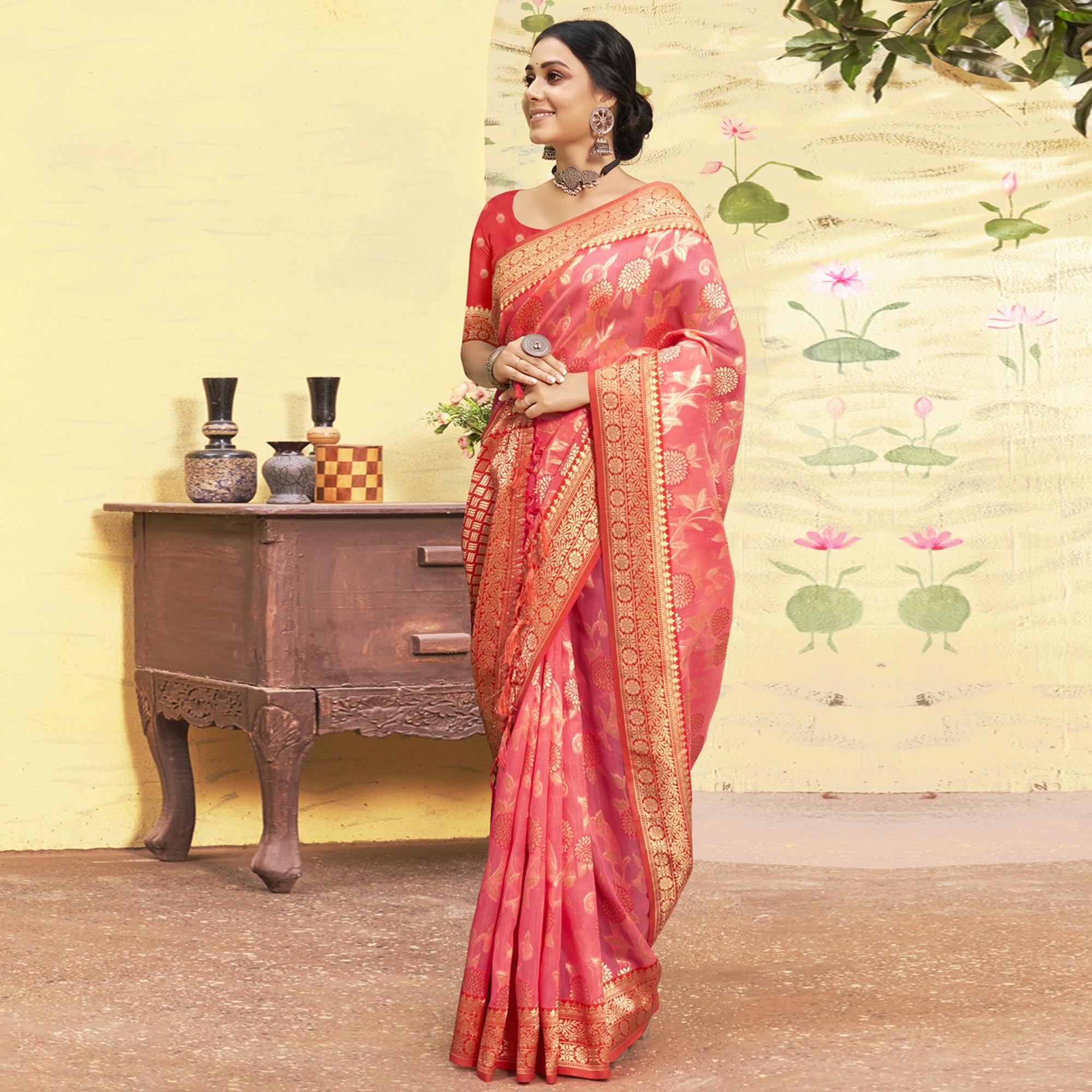 Pink Woven Poly Cotton Saree With Tassels - Peachmode