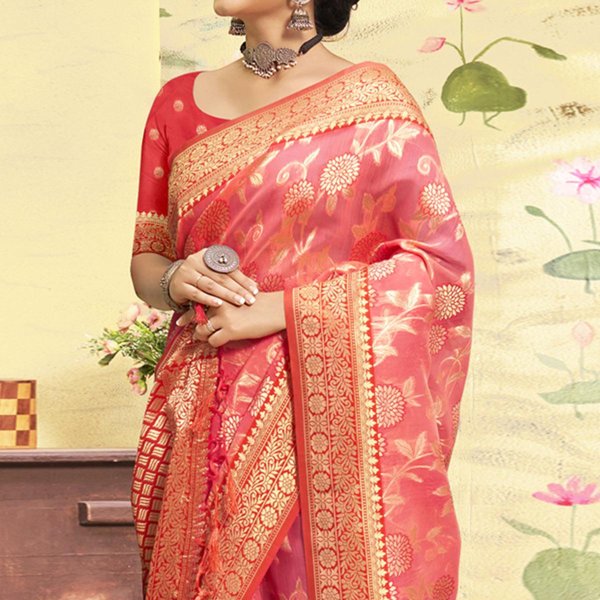 Pink Woven Poly Cotton Saree With Tassels - Peachmode