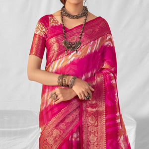 Pink Woven-Printed Chanderi Saree - Peachmode