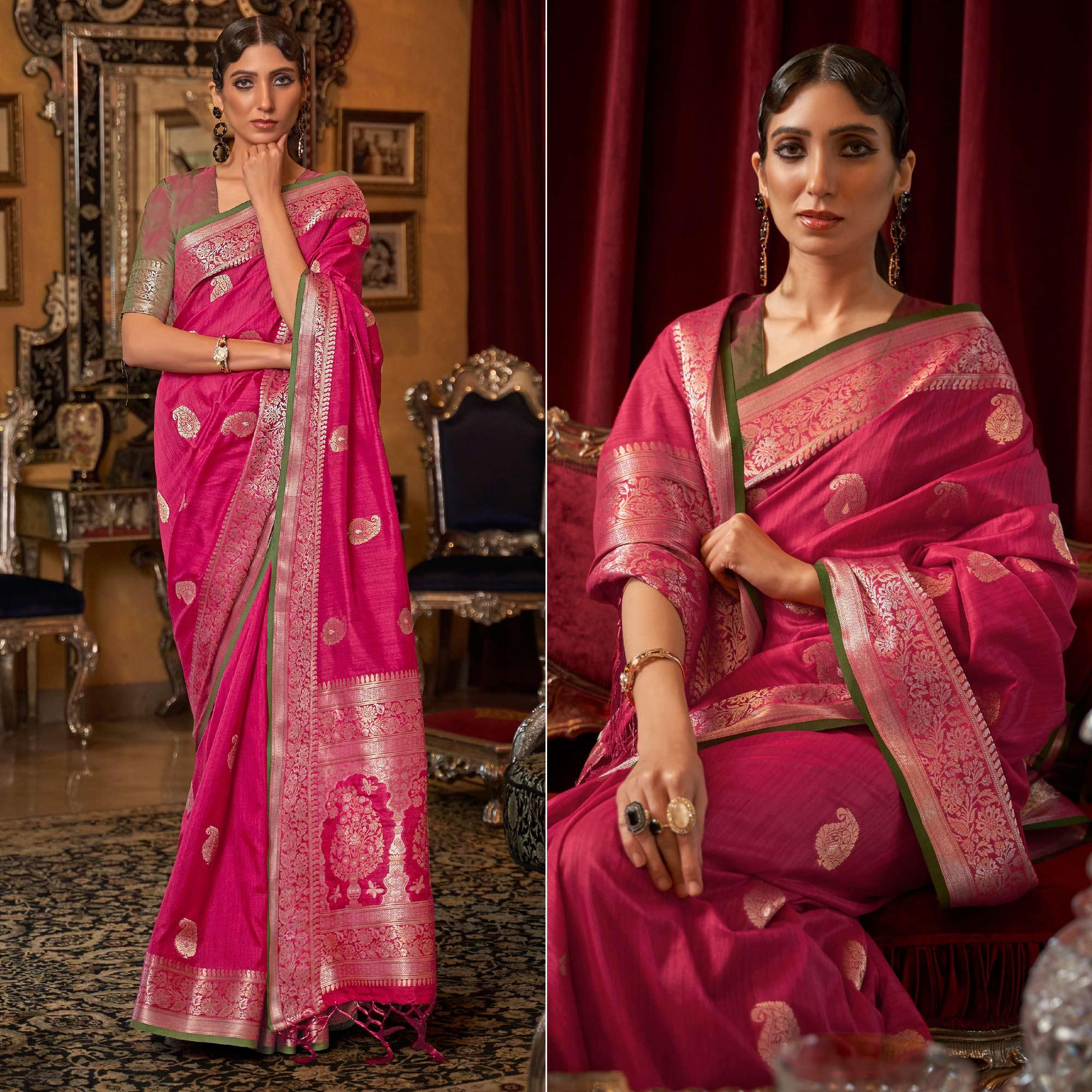 Pink Woven Pure Silk Saree - Peachmode