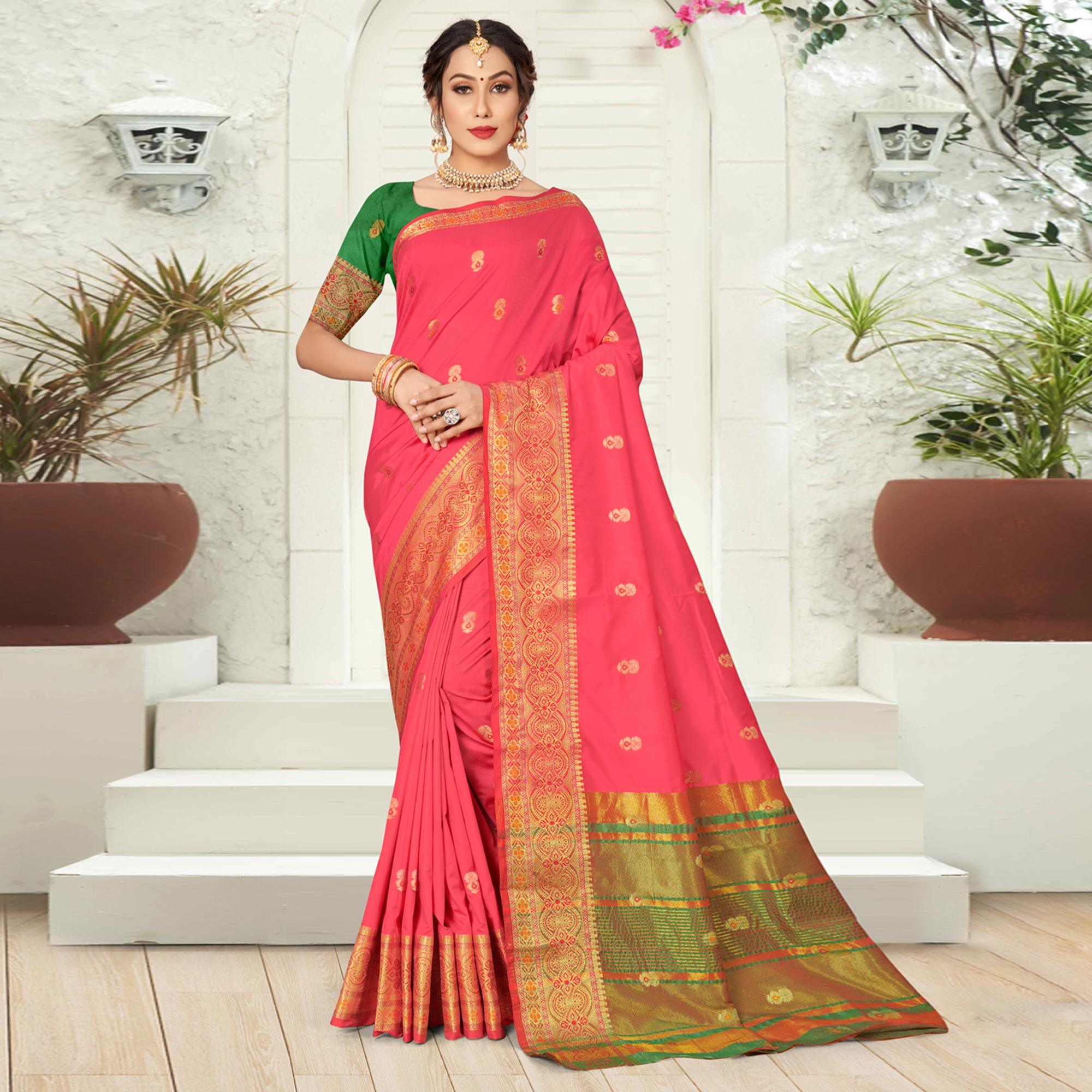 Pink Woven Pure Silk Saree - Peachmode