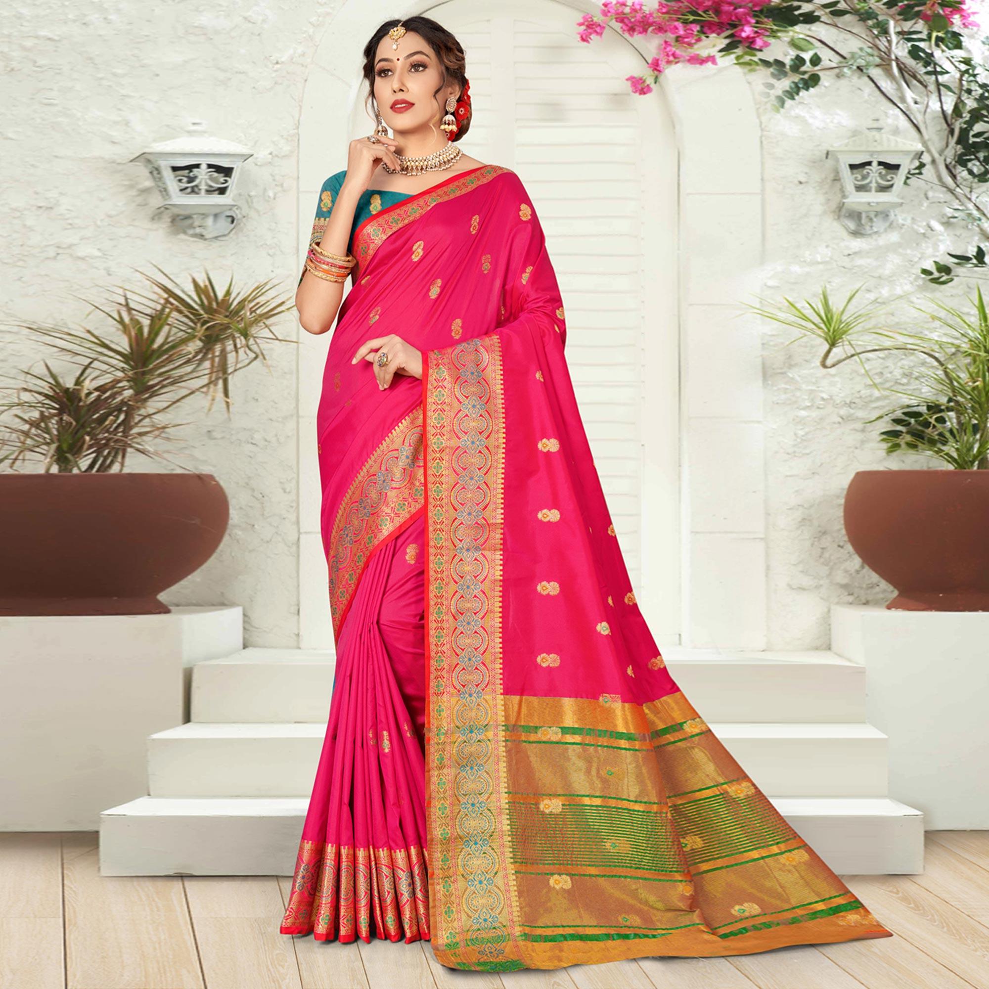 Pink Woven Pure Silk Saree - Peachmode