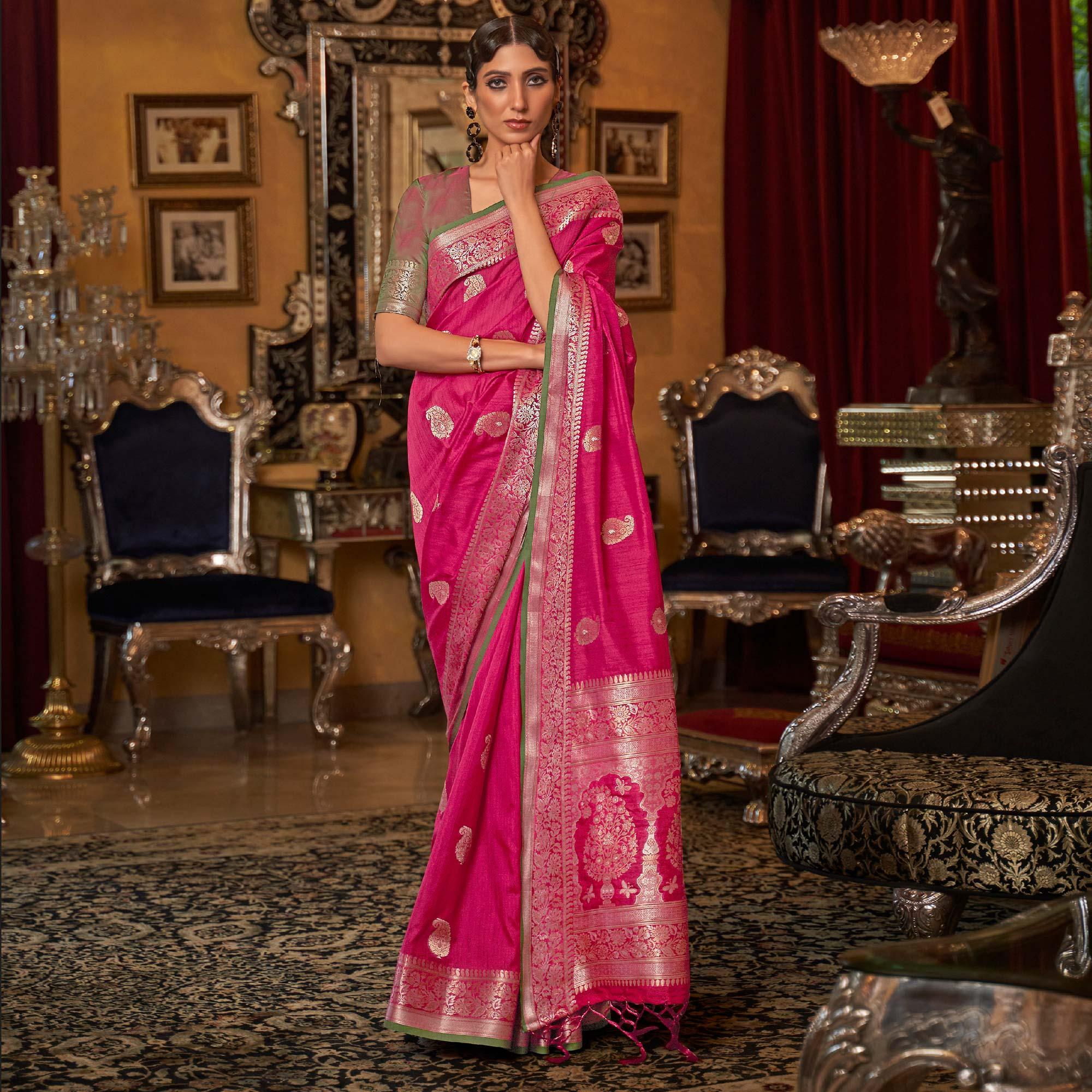 Pink Woven Pure Silk Saree - Peachmode