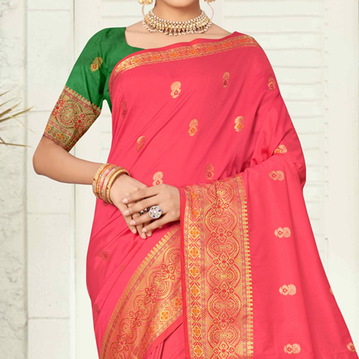 Pink Woven Pure Silk Saree - Peachmode