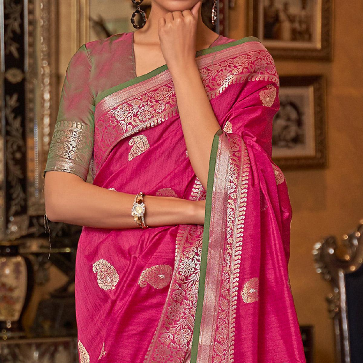 Pink Woven Pure Silk Saree - Peachmode