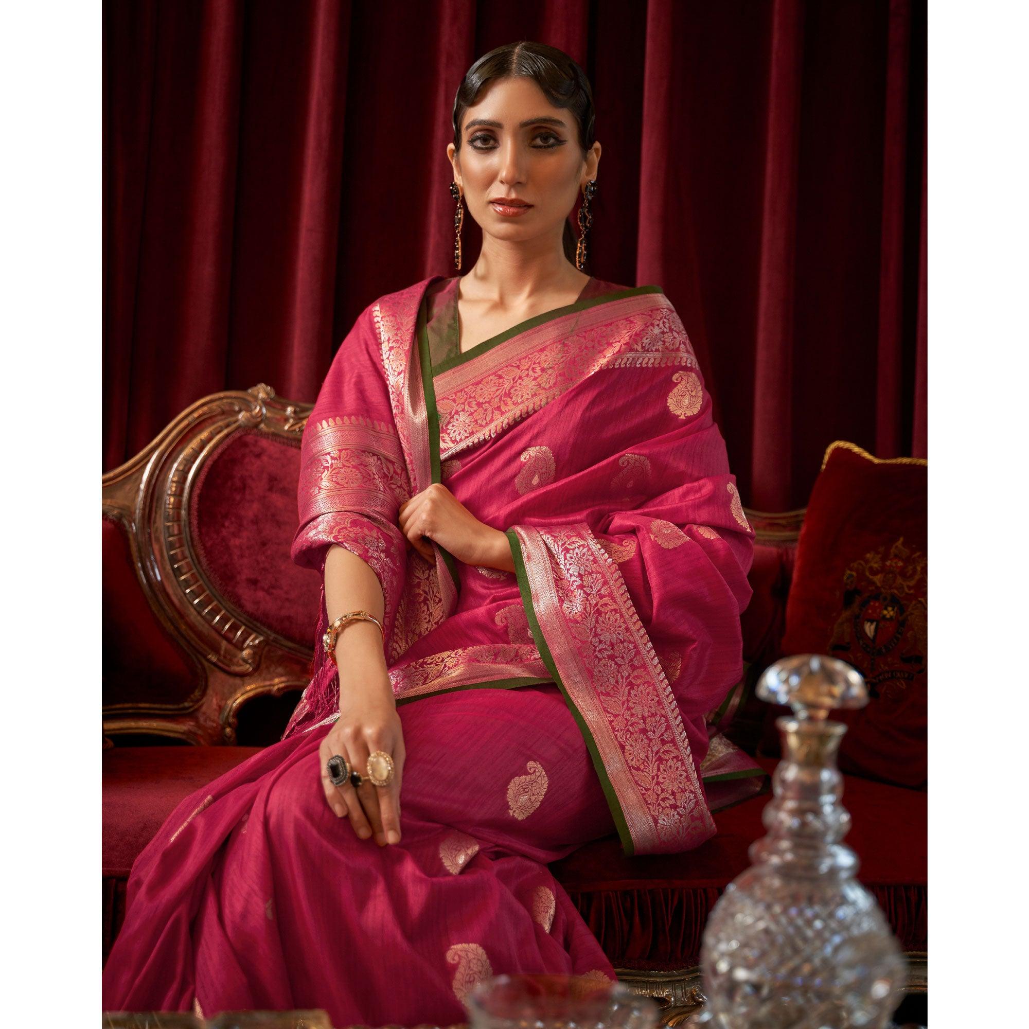 Pink Woven Pure Silk Saree - Peachmode