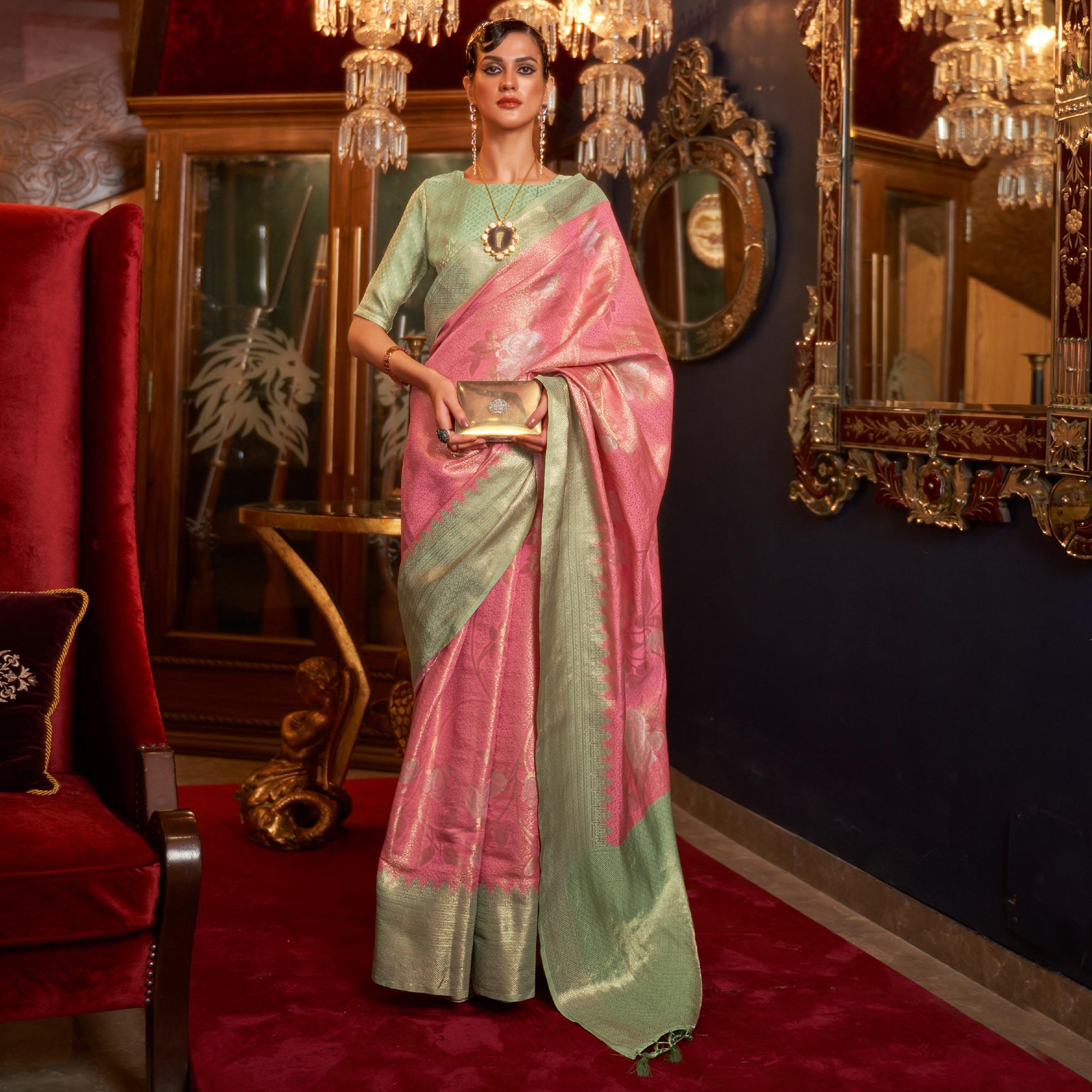 Pink Woven Pure Silk Saree With Tassels - Peachmode