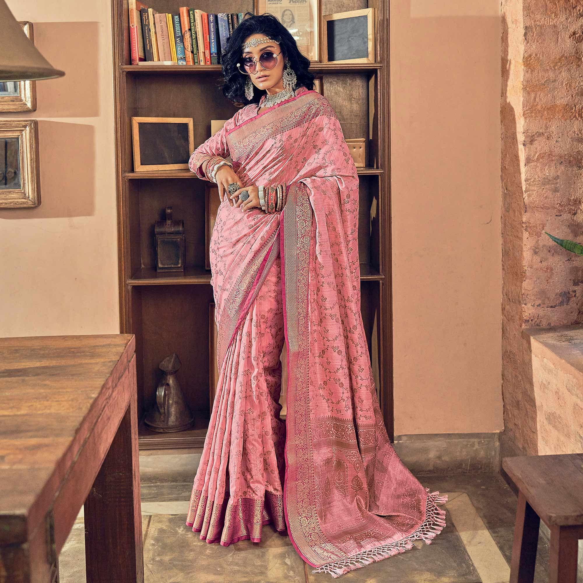 Pink Woven Pure Silk Saree With Tassels - Peachmode