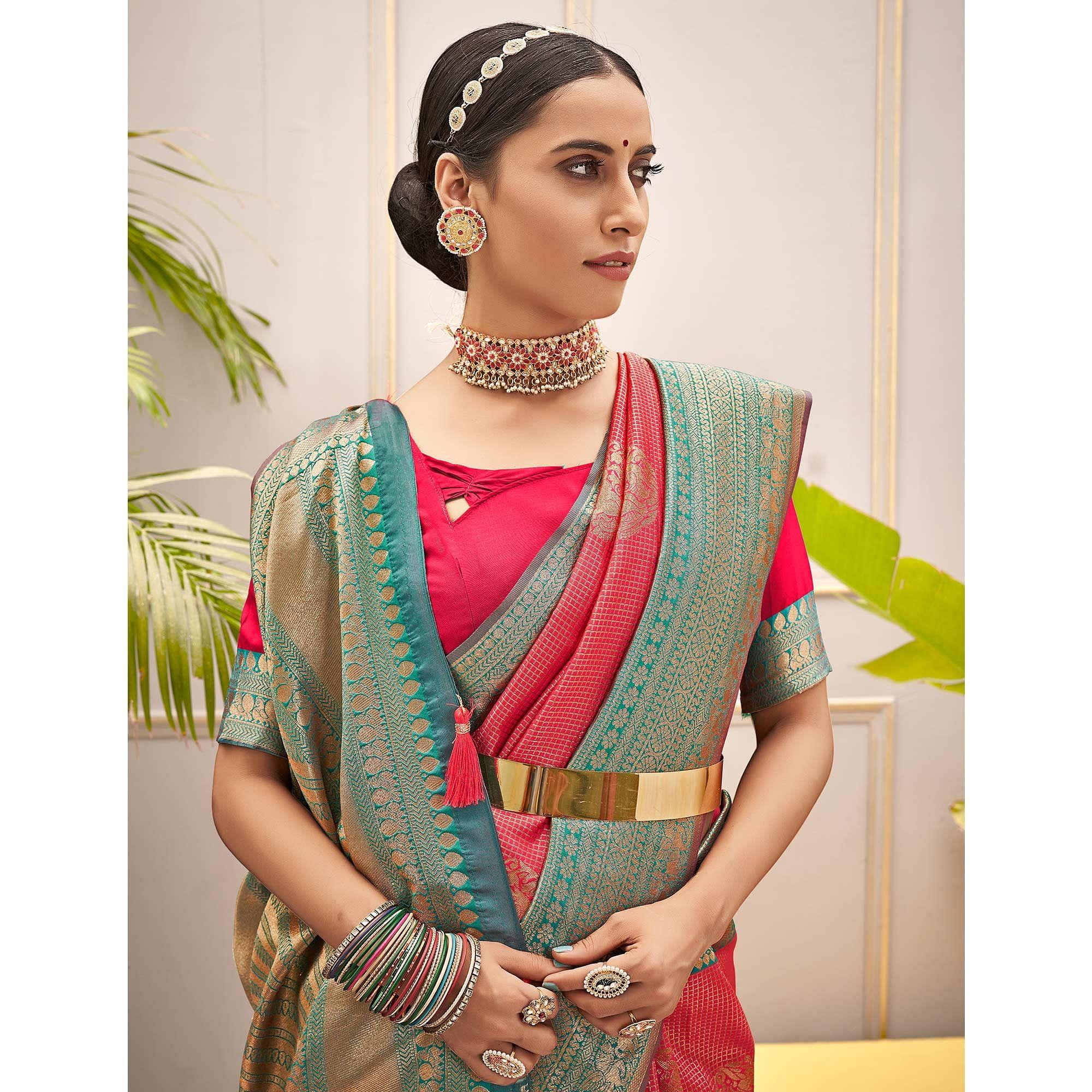 Pink Woven Pure Silk Saree With Tassels - Peachmode