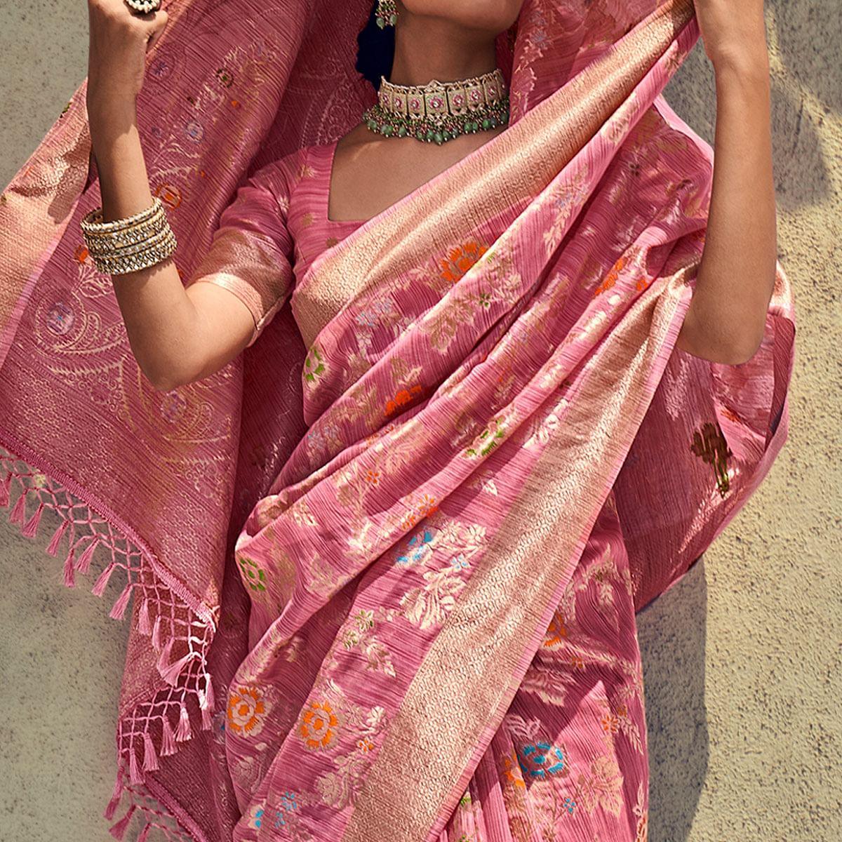 Pink Woven Pure Silk Saree With Tassels - Peachmode