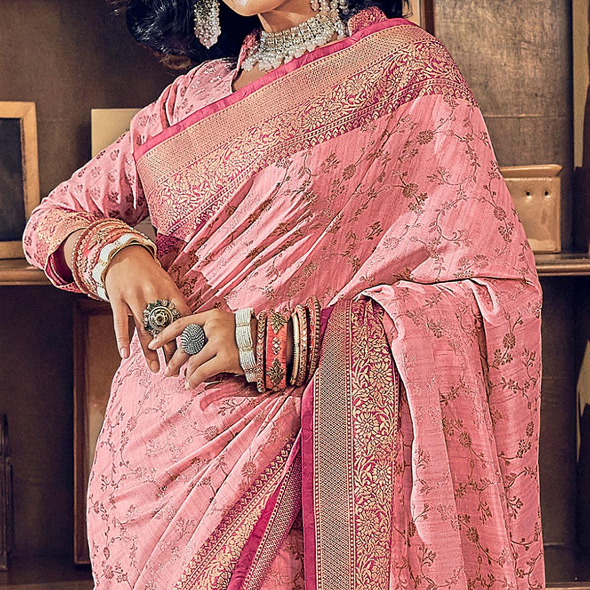 Pink Woven Pure Silk Saree With Tassels - Peachmode