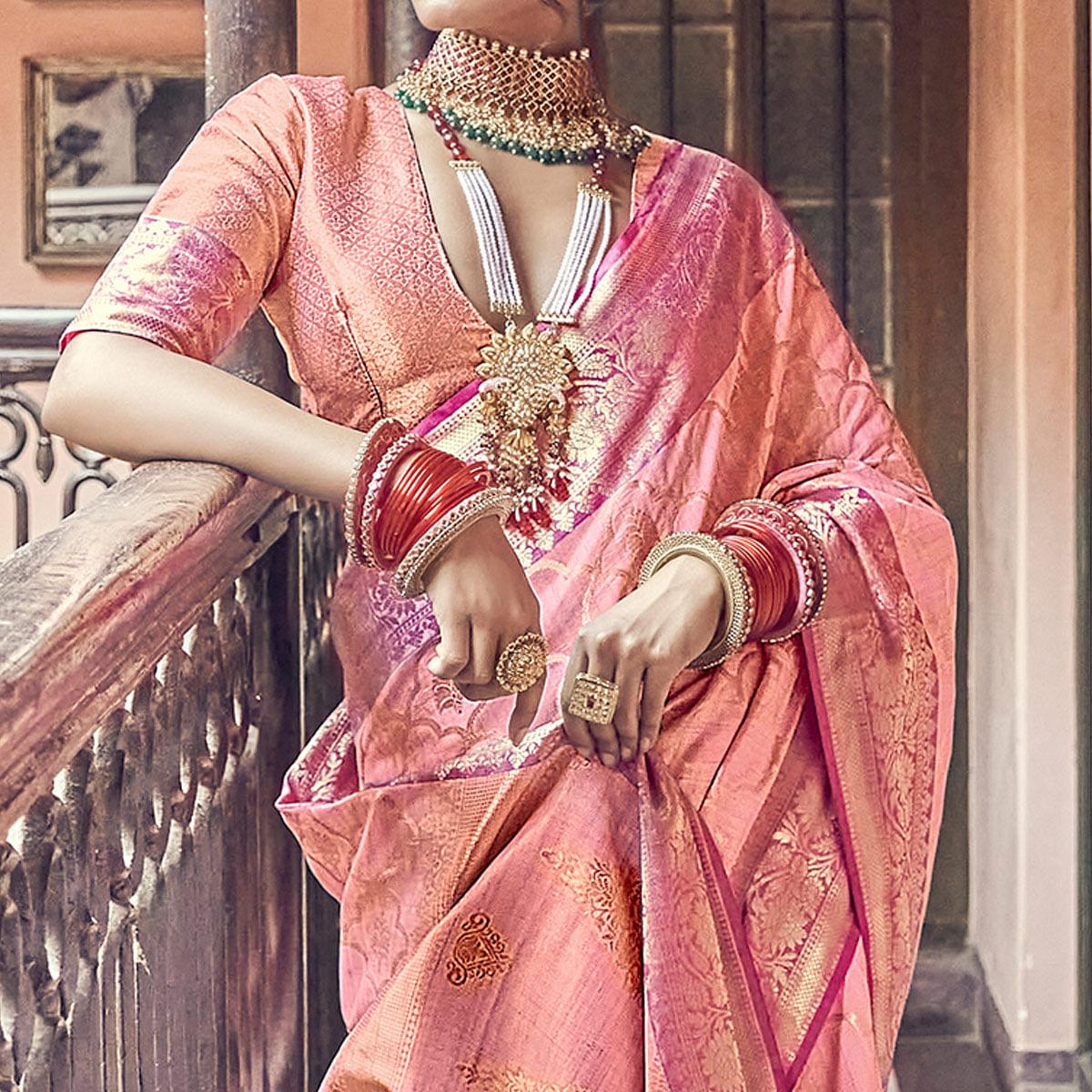 Pink Woven Pure Silk Saree With Tassels - Peachmode