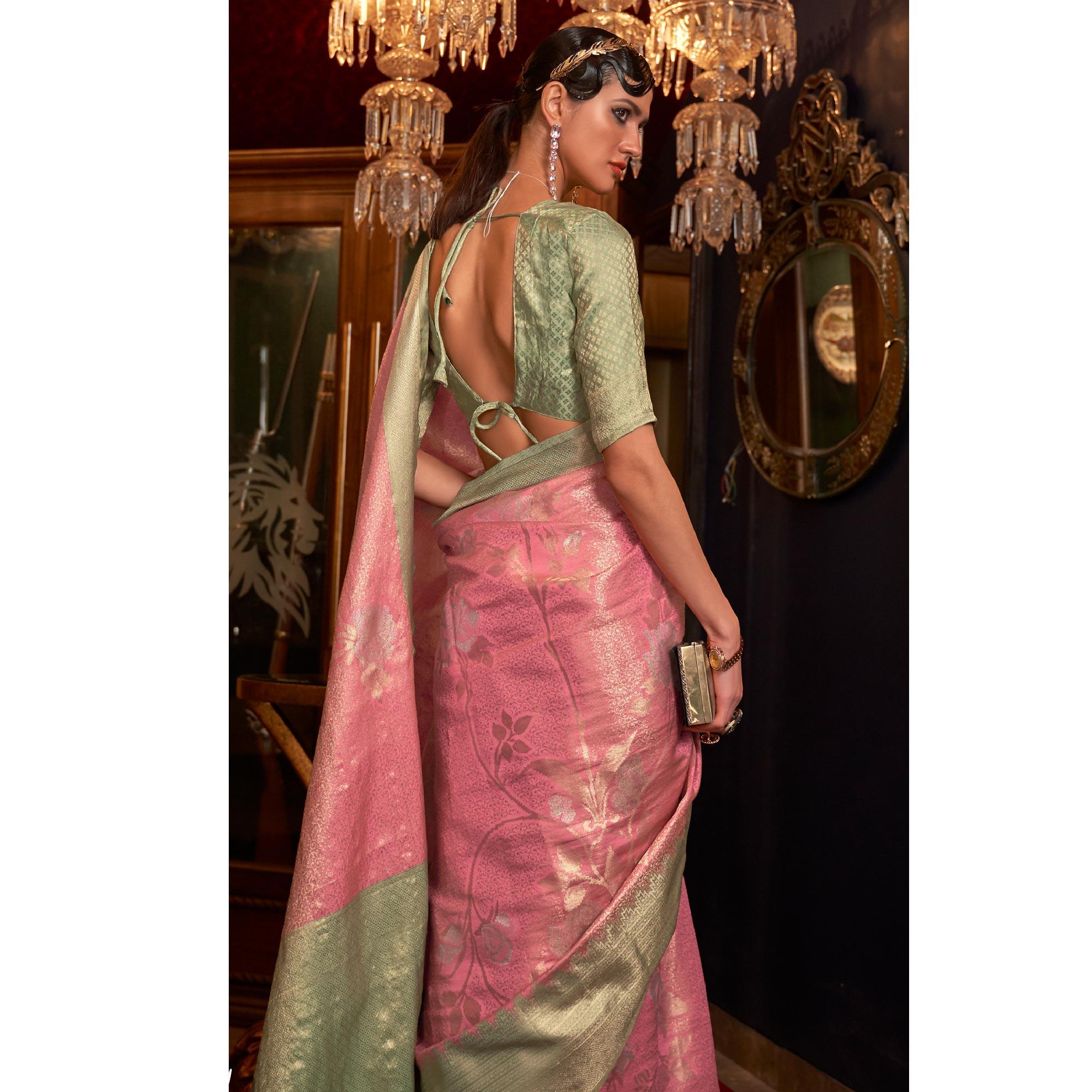 Pink Woven Pure Silk Saree With Tassels - Peachmode