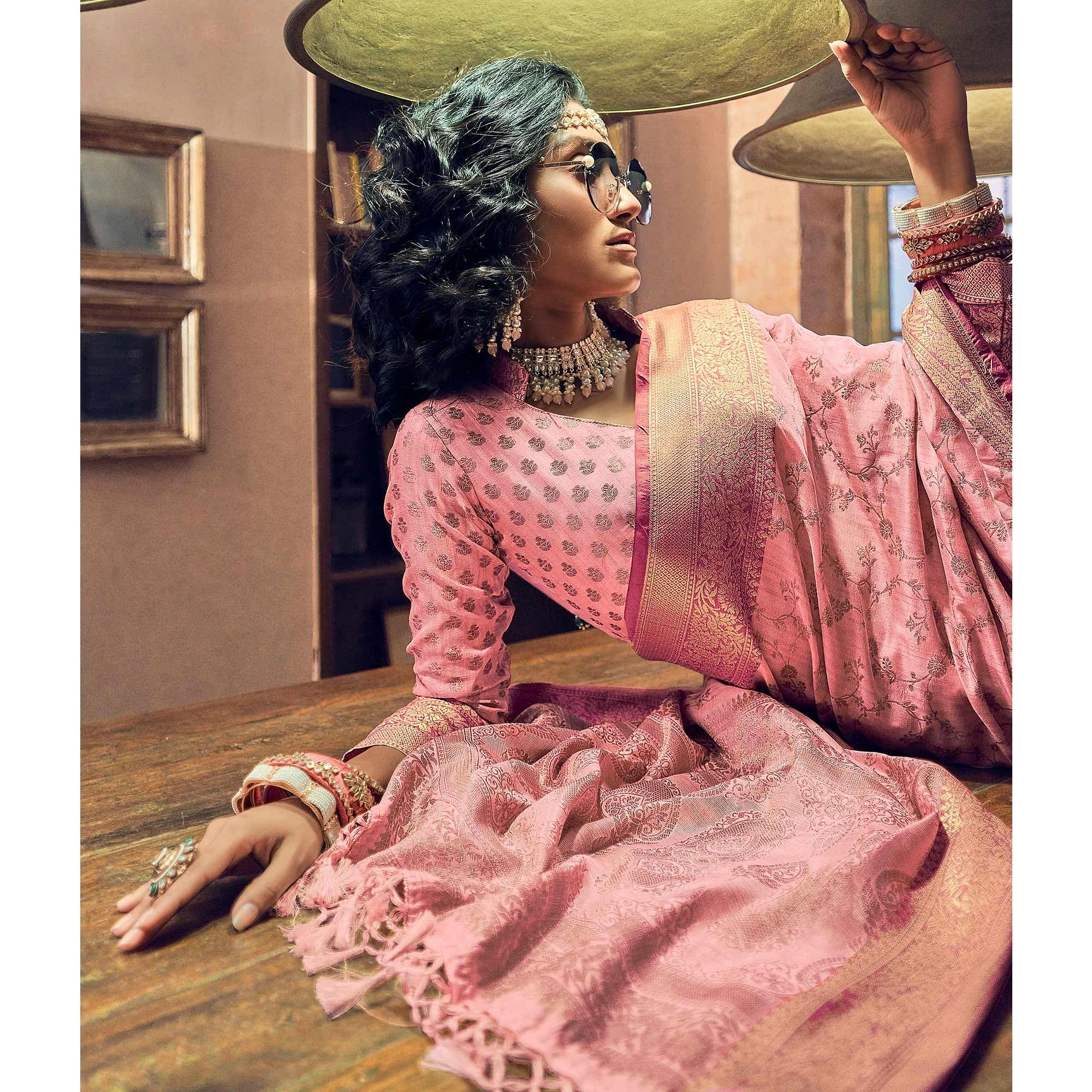 Pink Woven Pure Silk Saree With Tassels - Peachmode