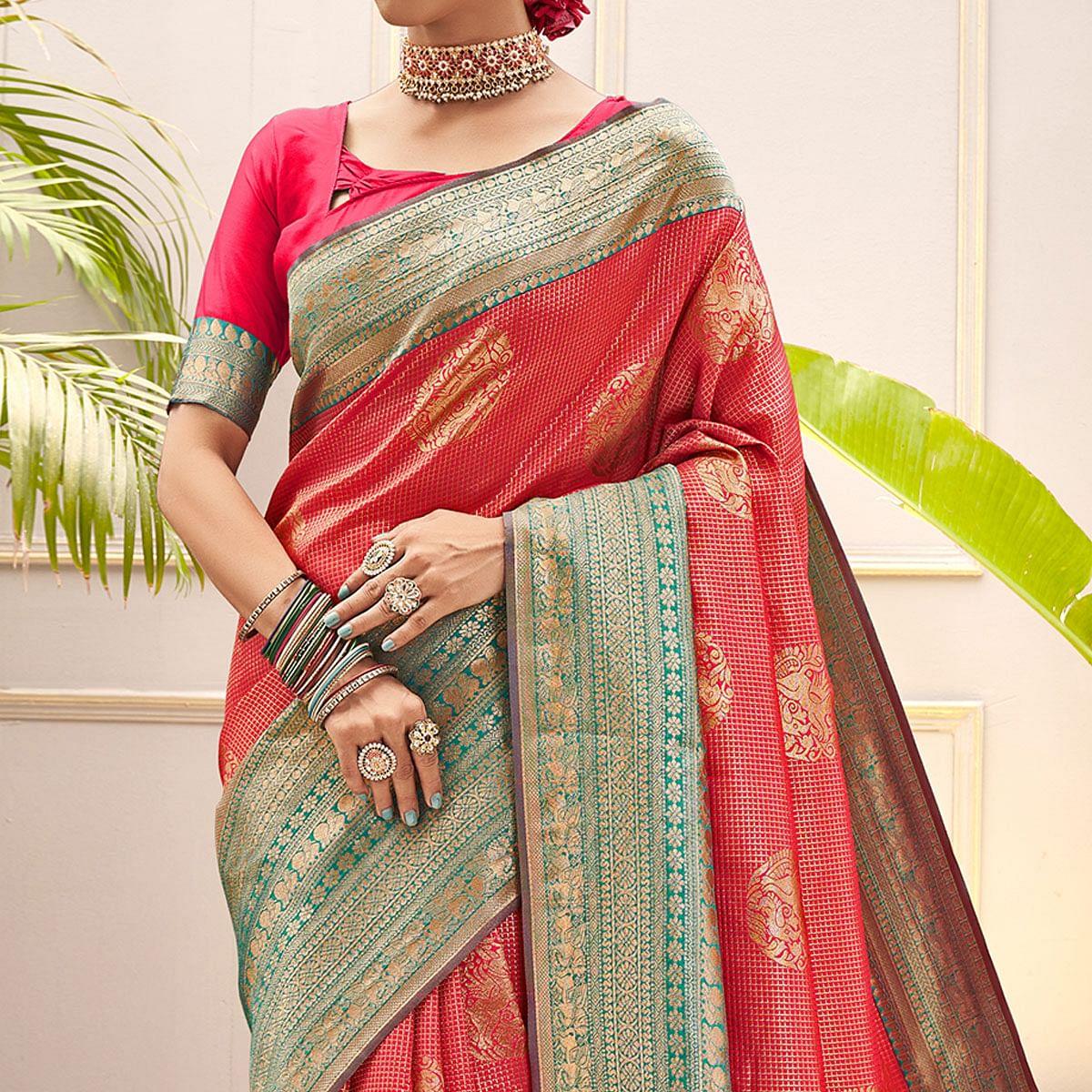 Pink Woven Pure Silk Saree With Tassels - Peachmode