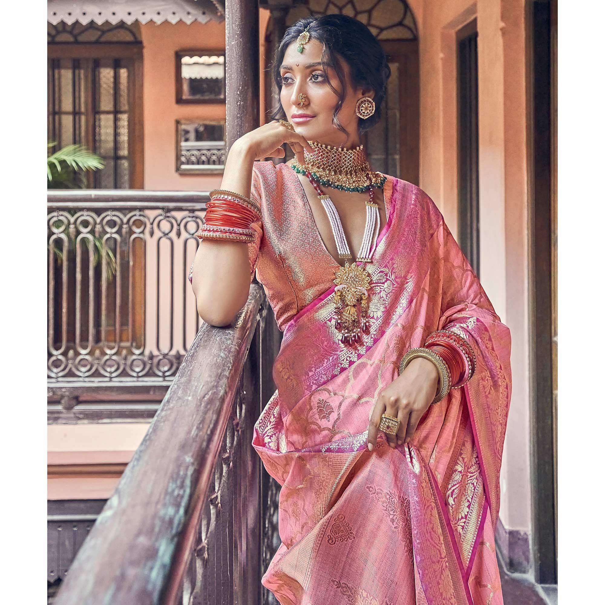 Pink Woven Pure Silk Saree With Tassels - Peachmode