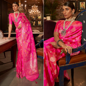Pink Woven Satin Saree With Tassels - Peachmode