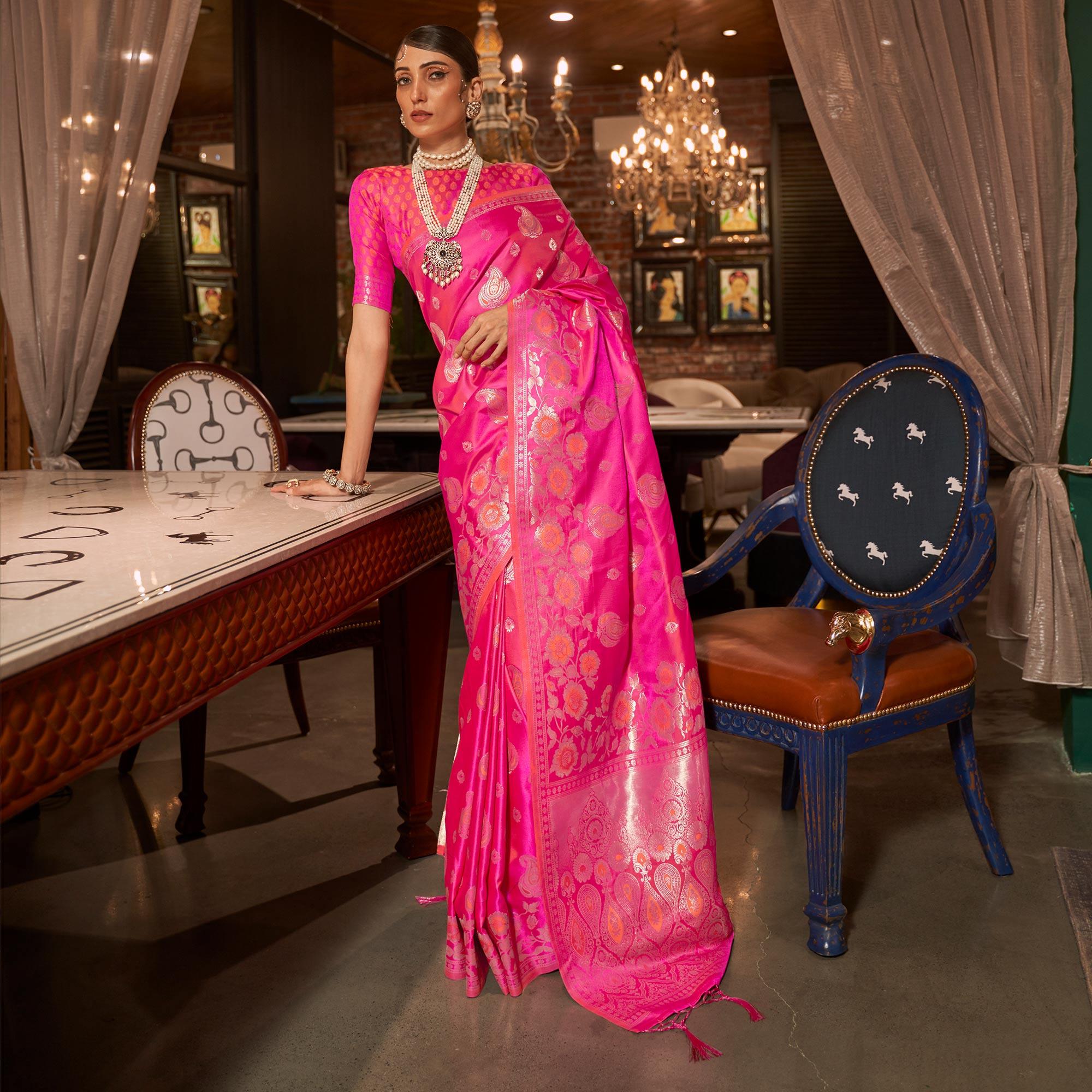 Pink Woven Satin Saree With Tassels - Peachmode