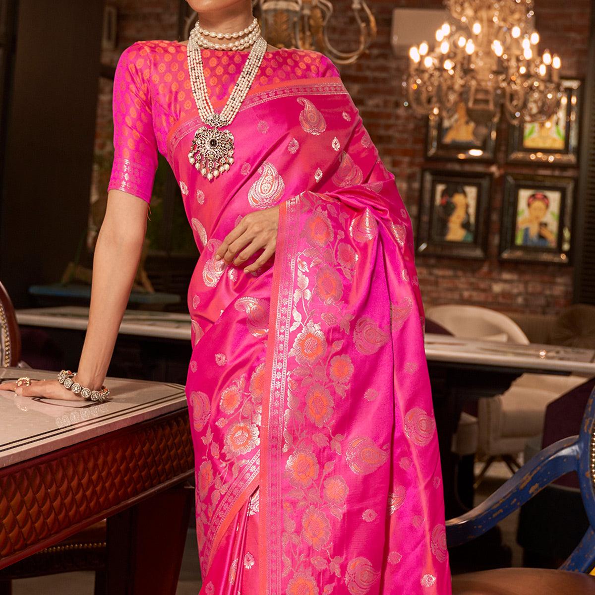 Pink Woven Satin Saree With Tassels - Peachmode