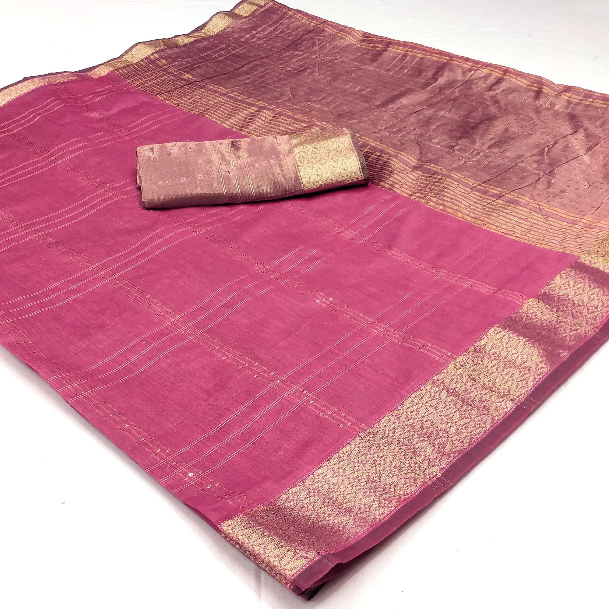 Pink Woven-Sequins Work Chanderi Saree - Peachmode