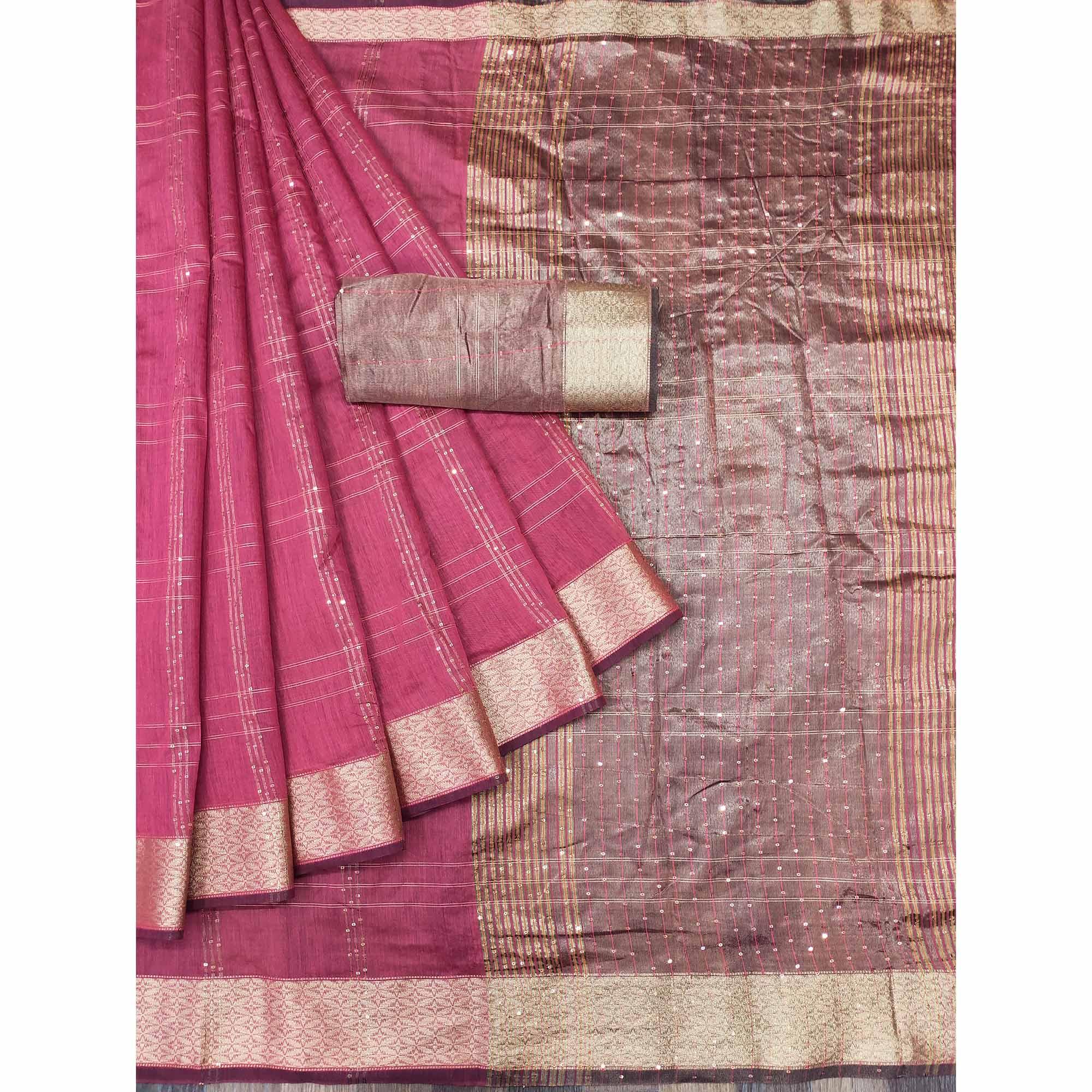 Pink Woven-Sequins Work Chanderi Saree - Peachmode