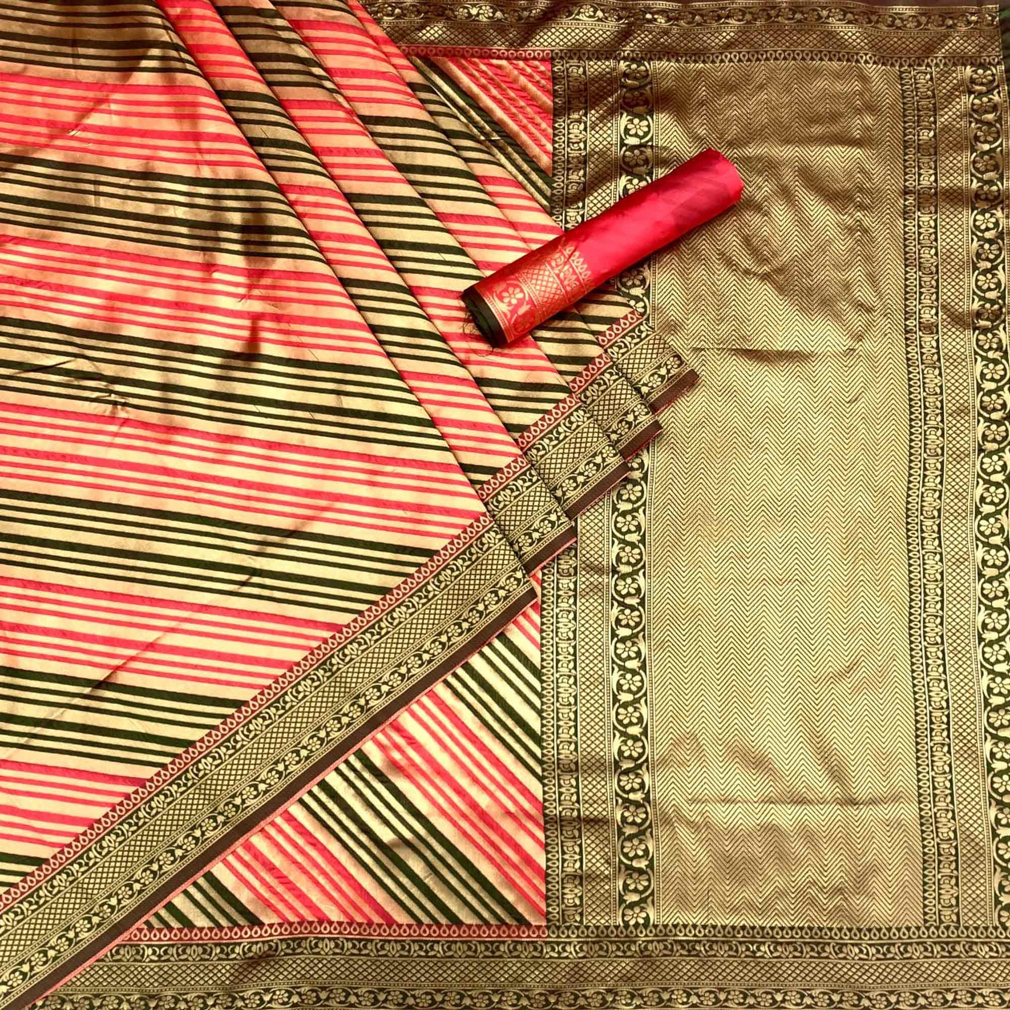 Pink Woven Silk Saree - Peachmode