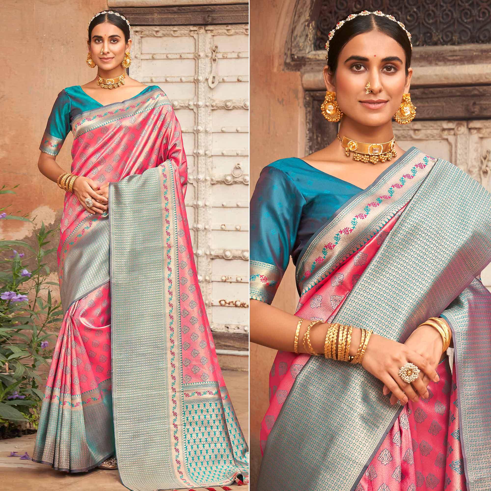 Pink Woven Silk Saree With Tassels - Peachmode