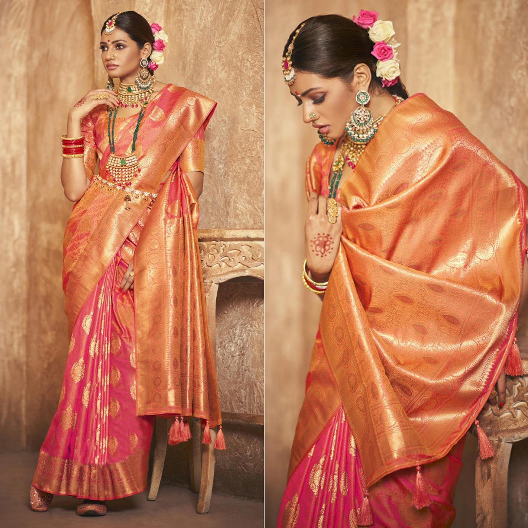 Pink Woven Silk Saree With Tassels pink-woven-silk-saree-with-tassels