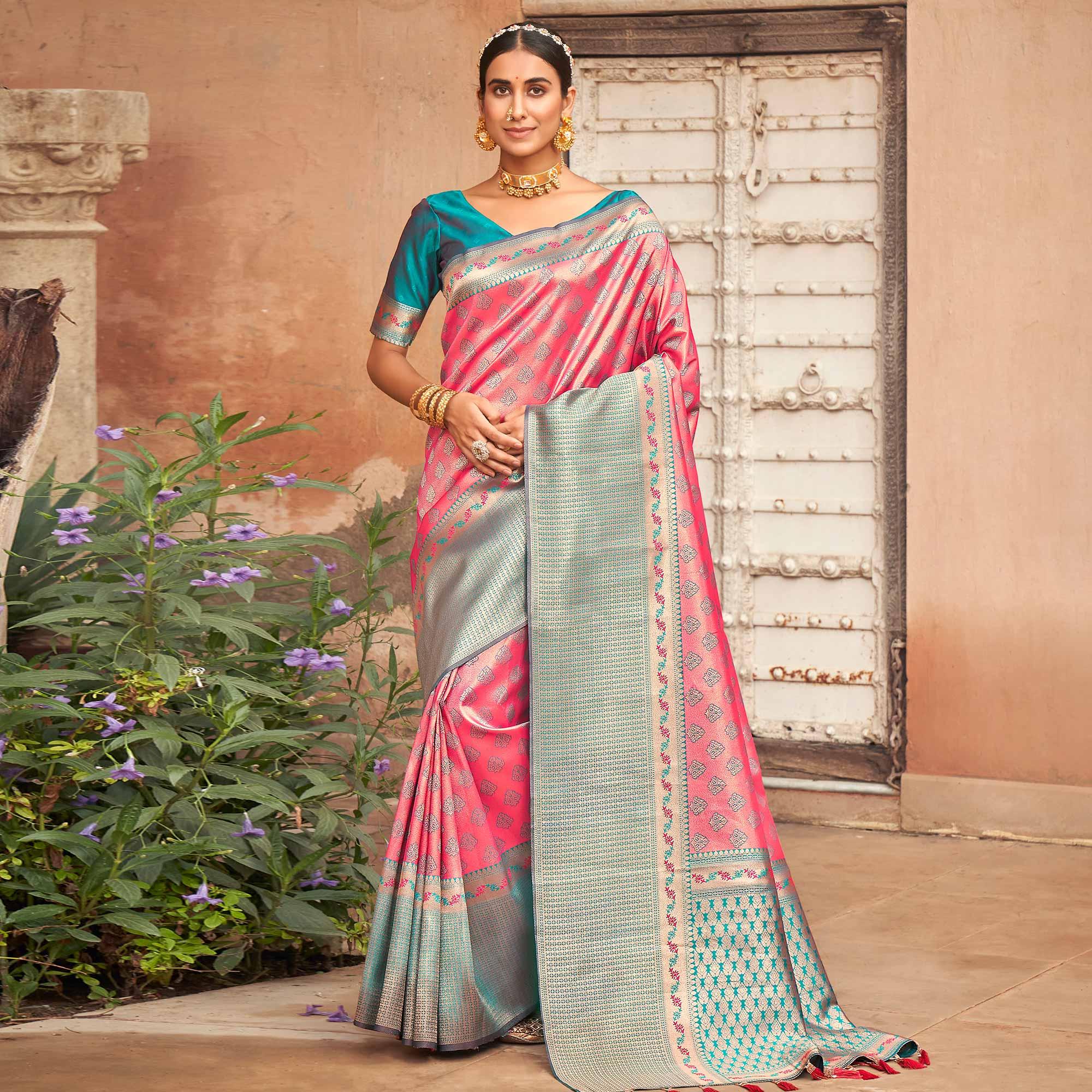 Pink Woven Silk Saree With Tassels - Peachmode